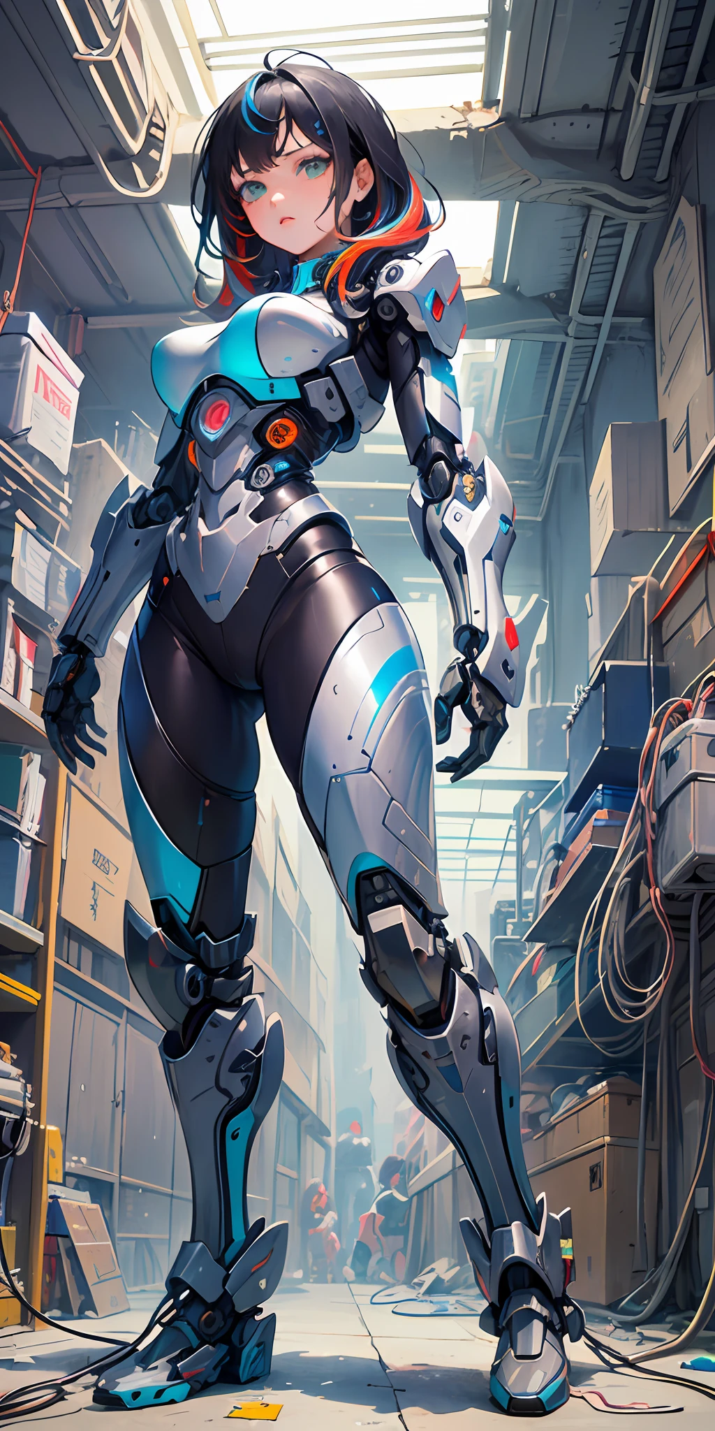 science fiction, (masterpiece, best quality, ultra detailed), ((multicolored hair, black hair, blue hair)), green eyes, suffering, (1girl:1.6), dynamic streaks, vibrant colors, technology, manga influence, comic, gun, mechagirl, full armour, cables, extreme detailed wallpaper, ((mechanical limbs)), expressionless, biomechanical, mecha
