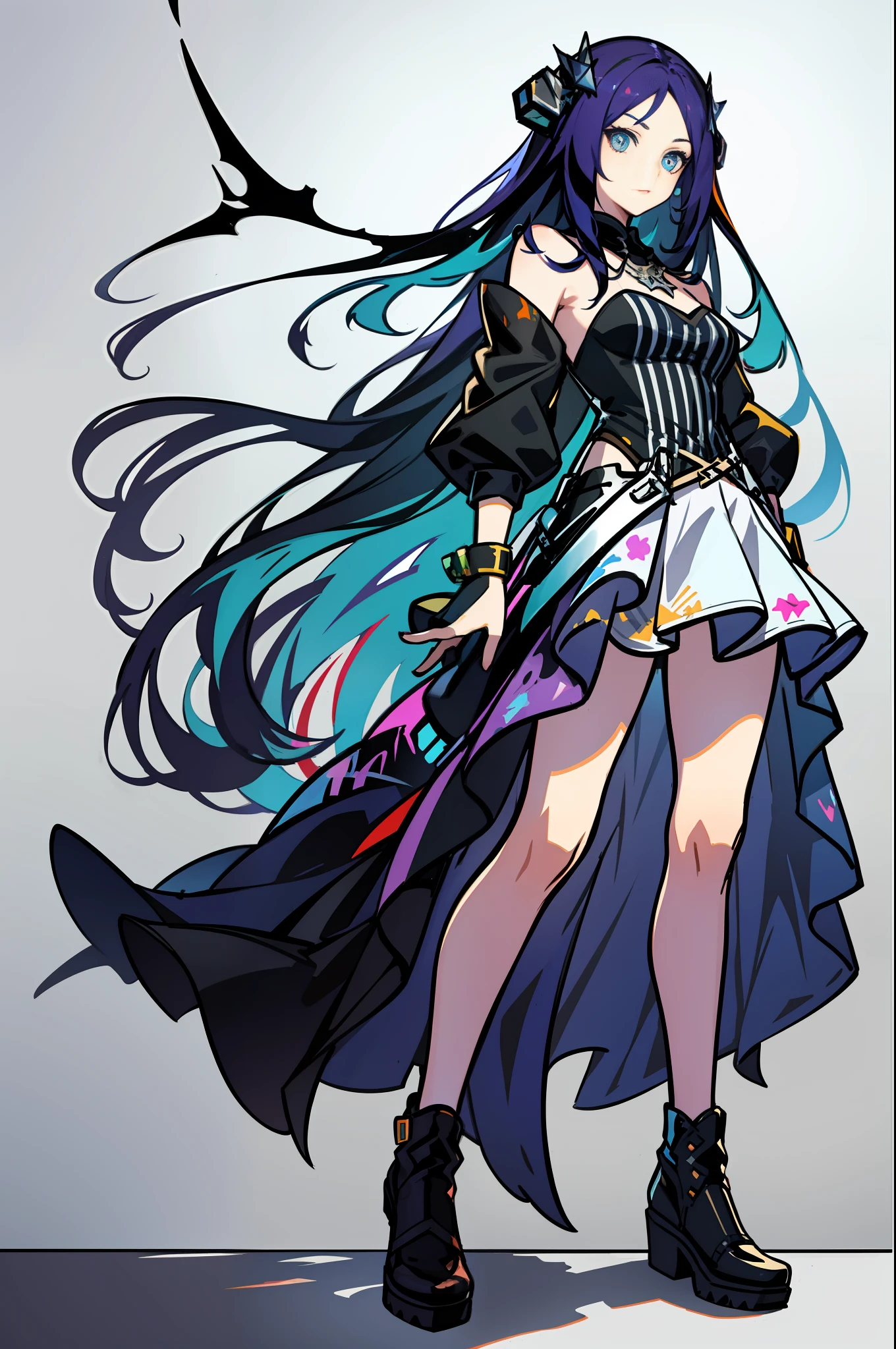 Ark of tomorrow, arknights, full body portrait, character setting drawing, white background, hair like rainbow, rainbow color hair, hand paint spray can, dress like street trend painter, girl