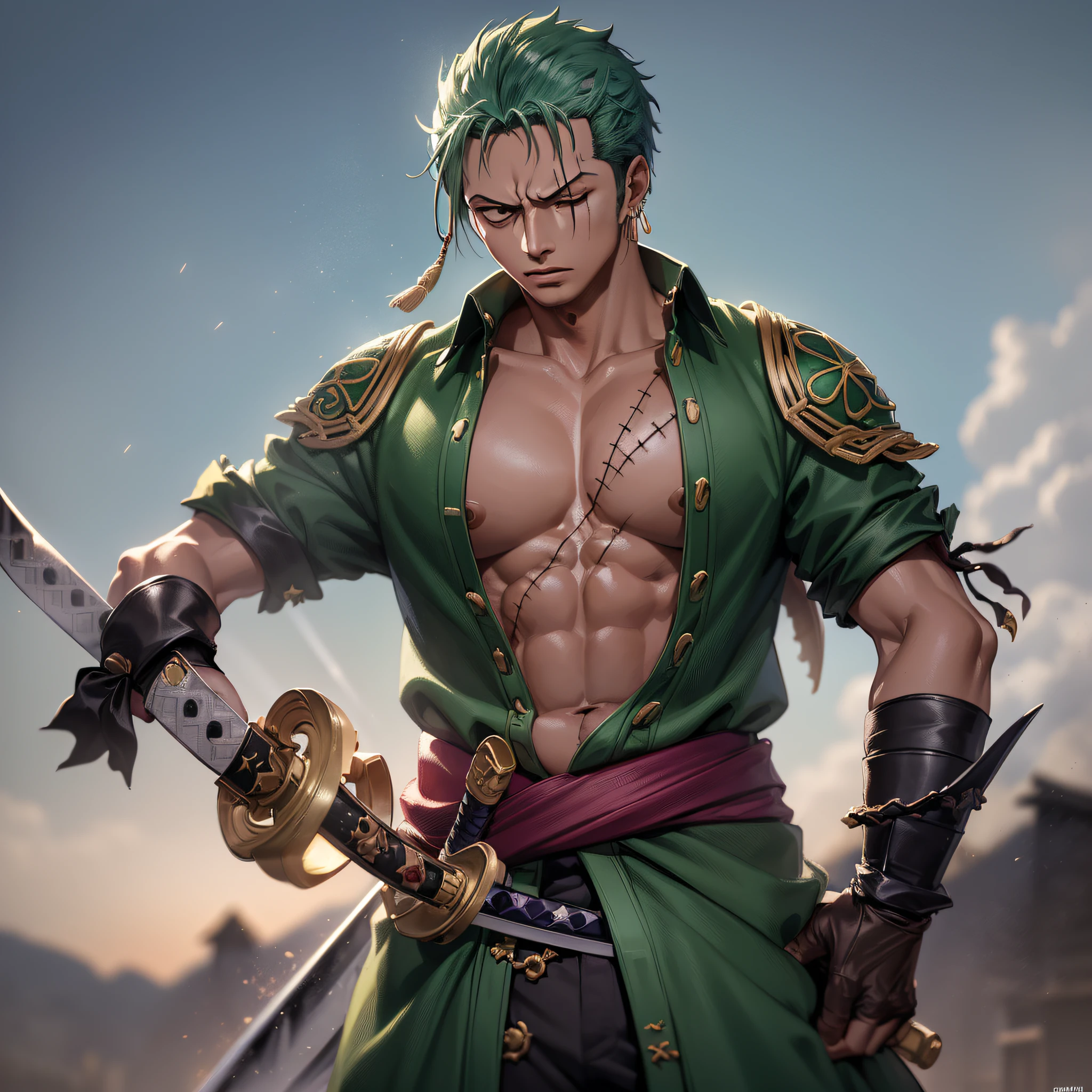 One_piece_anime, Ronoroa_Zoro, Wano_Style, embellishment, 1boy, ((vertical_scar_over_right_eye)), constura_no_peito, standing_in_a_field, dark_sky, (beat_up:1.2), katanas_crossed, (bloody:1.4), exhausted, bare_chested, (in_pain:1.2), resolution_1125x2436, Realistic, Live_Action, HDR, FullHD, resolução_4K, (((obra_prima))), (((melhor_qualidade))), (((Extremamente_detalhado, sombras_escuras_intensas, foco_nítido, iluminação_suave, Santōryū, three_sword_style, green_hair, symmetrical_body, portrait, dramatic_lighting, high_contrast, artstation, character_concept_art, Unreal_engine, hyper_detailed