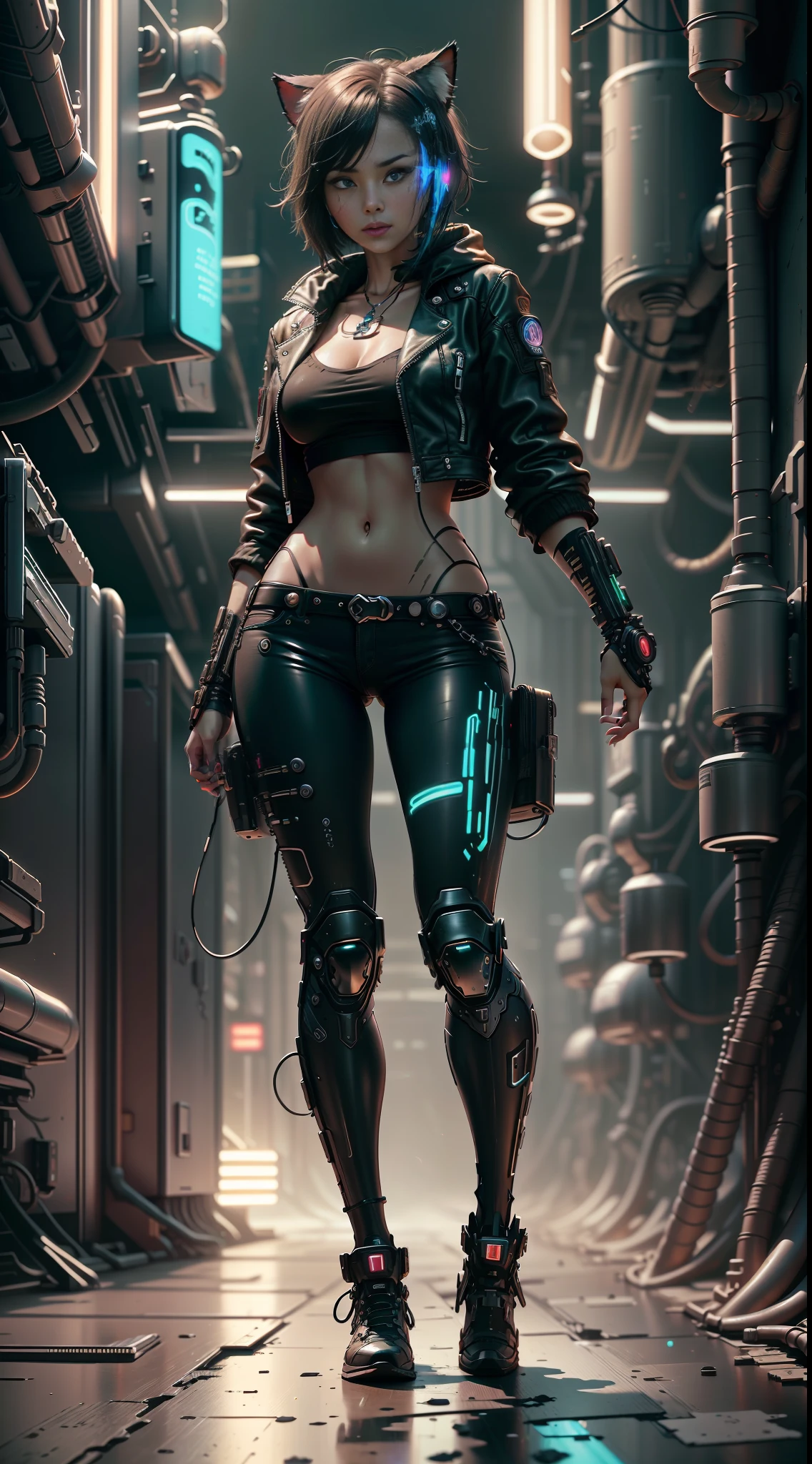 Beautiful full body shot of Reika Shimohira as a Nekomata catgirl, slender body, slender hips, big breasts, wearing full ((heavy cyberpunk armor)) with neon trim, ((leather tech jacket)), cat ears, cat tail, science fiction, cyberpunk city in the background, Gantz, In the Style of Cyberpunk 2077, Ultra realistic photo, masterpiece, best quality, CG, wallpaper, HDR, high quality, high-definition, extremely detailed, {beautiful detailed face}, {beautiful detailed eyes}, (detailed light){{intricate detail}}, {highres}, ((detailed face)), neon light, chiaroscuro, key visual, intricate detail, highly detailed, breathtaking, vibrant, cinematic