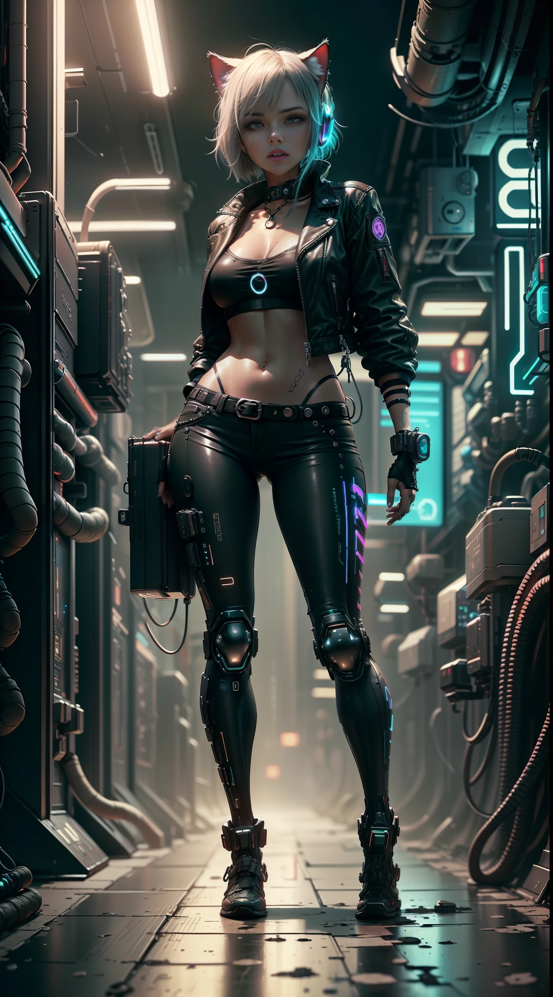 Beautiful full body shot of Reika Shimohira as a Nekomata catgirl, slender body, slender hips, big breasts, wearing full ((heavy cyberpunk armor)) with neon trim, ((leather tech jacket)), cat ears, cat tail, science fiction, cyberpunk city in the background, Gantz, In the Style of Cyberpunk 2077, Ultra realistic photo, masterpiece, best quality, CG, wallpaper, HDR, high quality, high-definition, extremely detailed, {beautiful detailed face}, {beautiful detailed eyes}, (detailed light){{intricate detail}}, {highres}, ((detailed face)), neon light, chiaroscuro, key visual, intricate detail, highly detailed, breathtaking, vibrant, cinematic