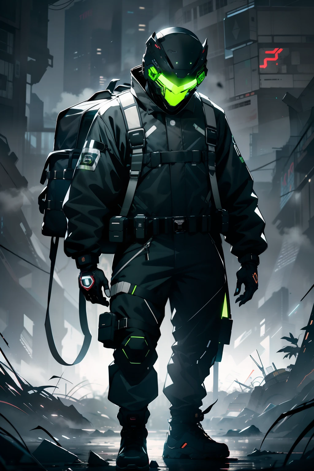 Full body, nijistyle, cowboy shot of futuristic man in oversized techwear, short black hair, glowing eyes, mask, belts, backpack, depressed, desaturated, fog