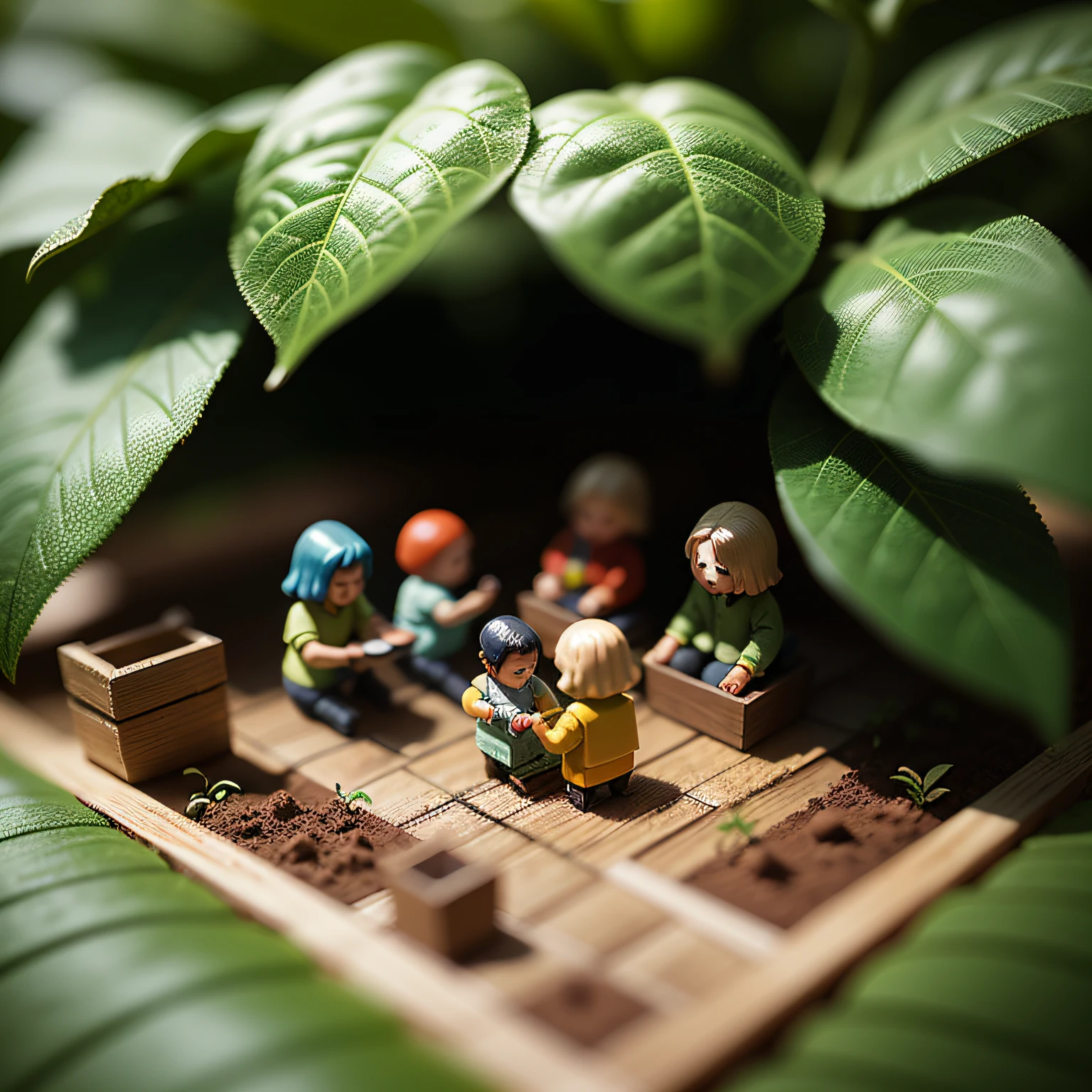 some tiny little toy people Under the tomato plants, natural light, miniature, blur background, clear details, tilt-shift, macro photography, isometric, 3d --auto