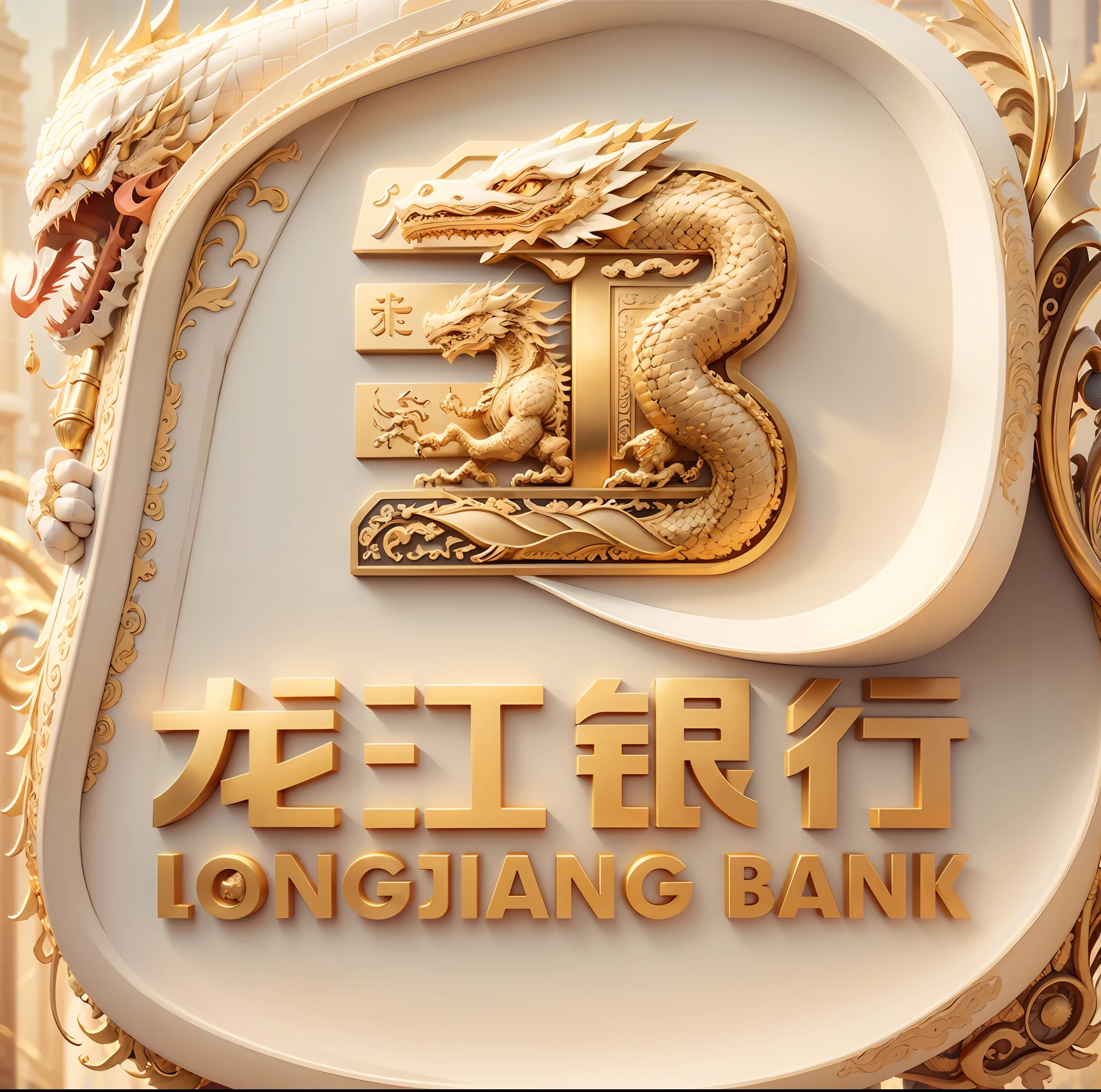 Longjiang Bank logo close-up, China Dragon, Oriental Dragon, logo, company logo, logo, ivory gold artificial intelligence, gold bars, money, treasure