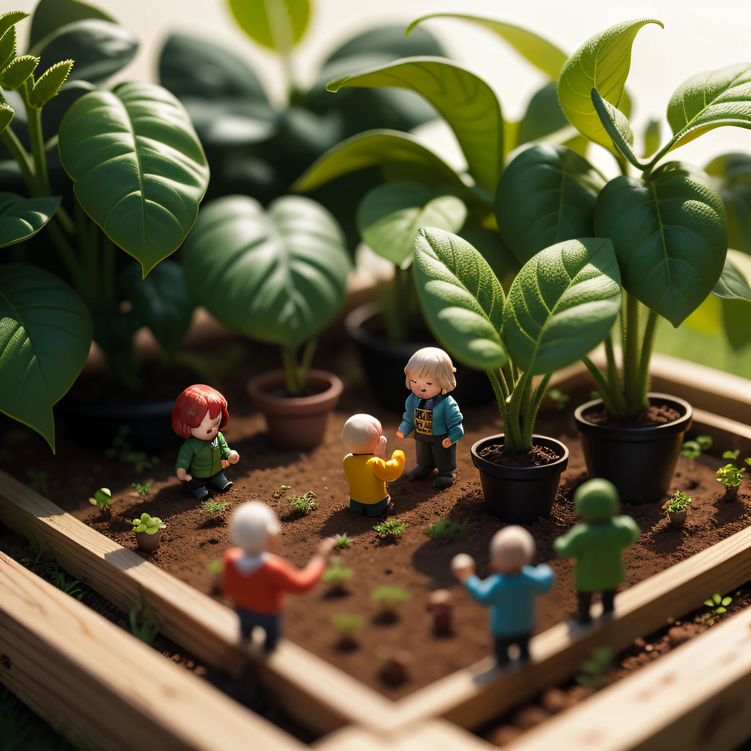 some tiny little toy people Under the tomato plants, natural light, miniature, blur background, clear details, tilt-shift, macro photography, isometric, 3d --auto
