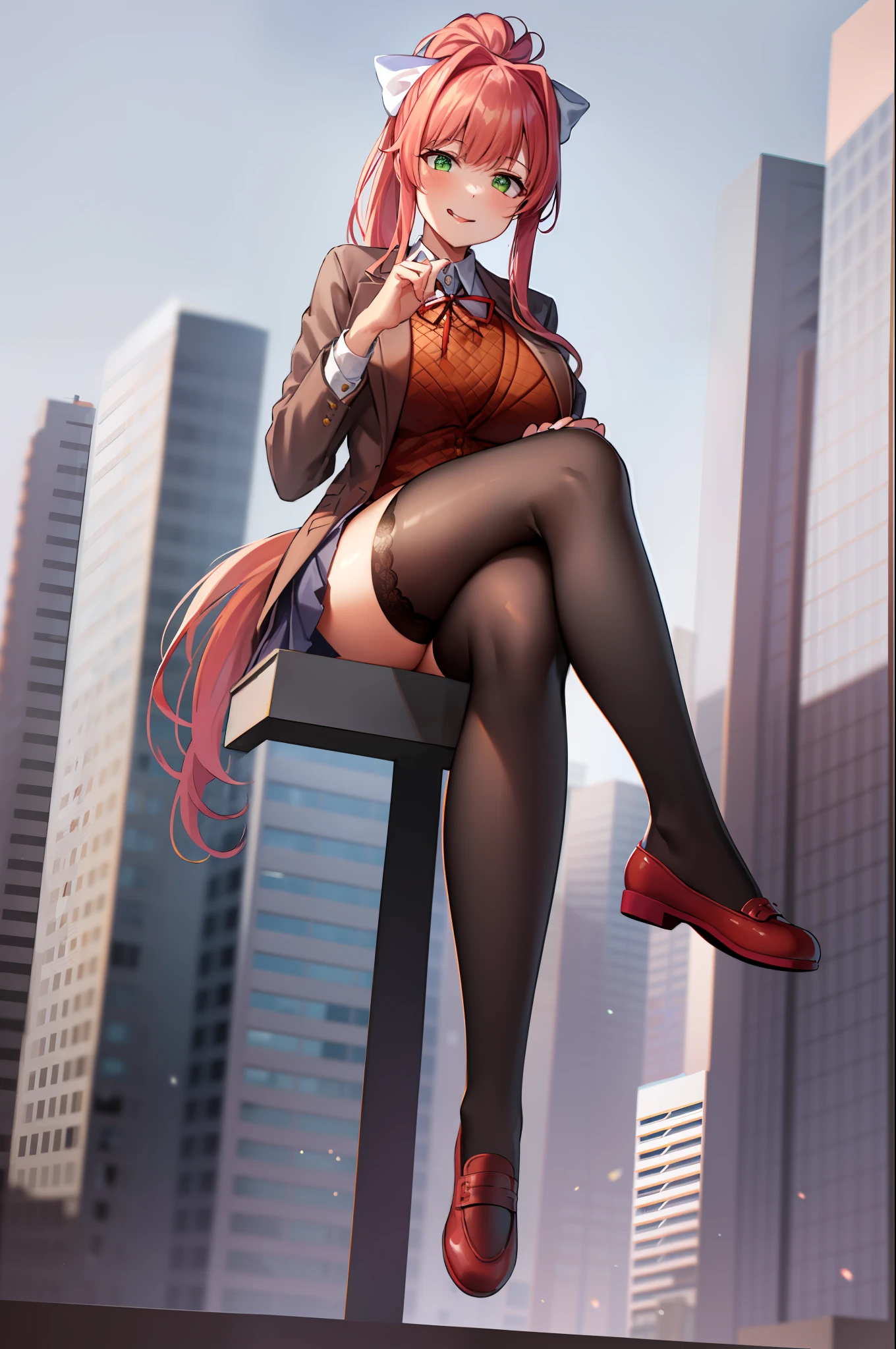 2d, masterpiece, best quality, anime, highly detailed, 1girl, solo, monika, green eyes, very long hair, ponytail, school uniform, straight-on, smile, (full body:1.5), giantess, smile, (from below:1.5), thick thighs, looking down at viewer, upskirt, (large breasts:1.3), field, (looming:1.3), mature female, high quality, hd quality, masterpiece, photorealistic, shoe soles, close-up foot, intense angle, :d, (sitting on building:1.6), very low angle, female pervert, toragao, crossed legs, closed mouth, (licking lips, licking own lips:1.1), (sitting:1.5), (white undershirt, orange sweater:1.2), (brown jacket:1.4), (absolute territory, black thighhighs:1.4), (uwabaki:1.5), full body in frame,