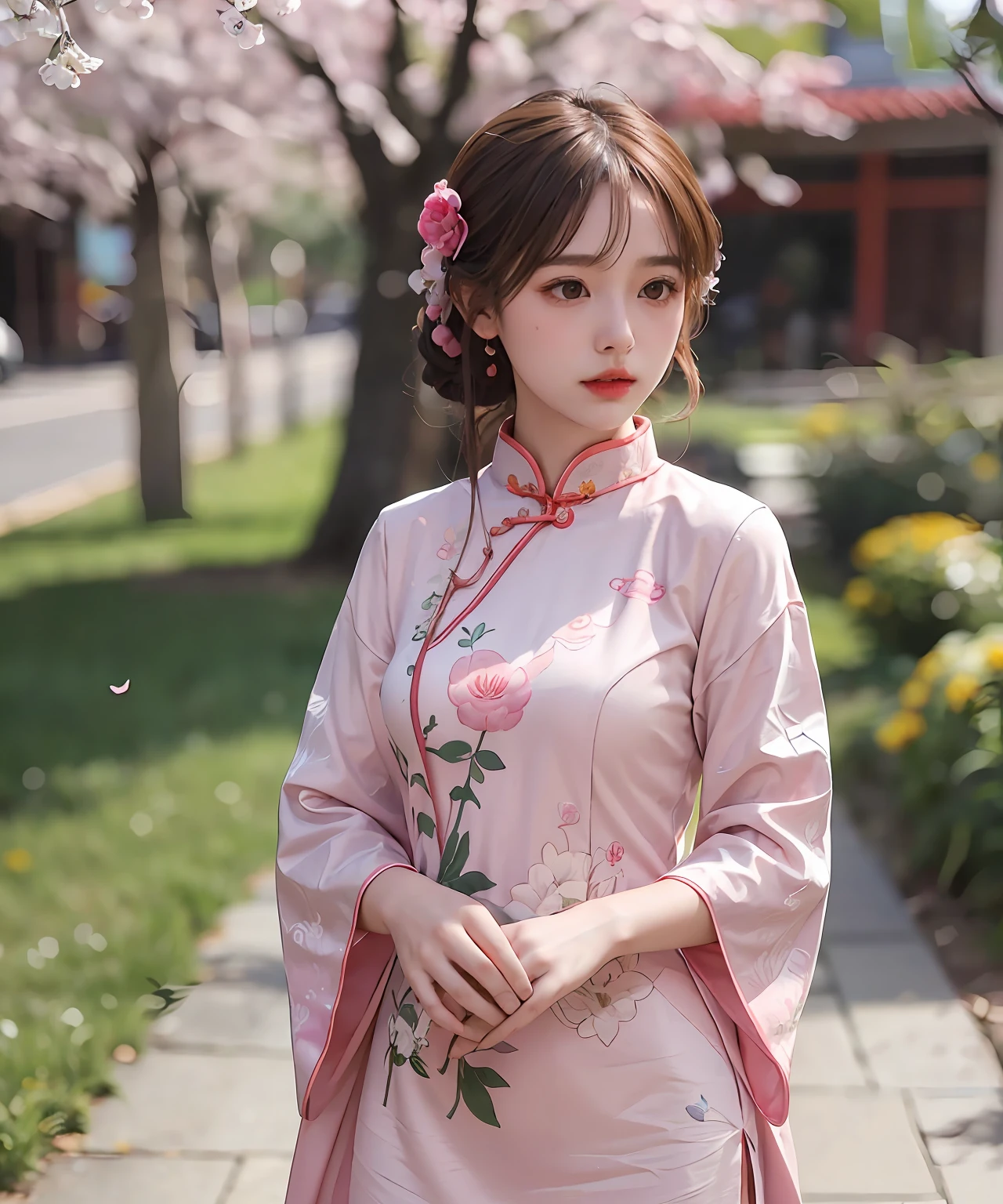 A girl (wearing a pink cheongsam with embroidered flowers), standing outdoors, facing the audience, (the best quality, ultra detailed, 8k wallpaper),