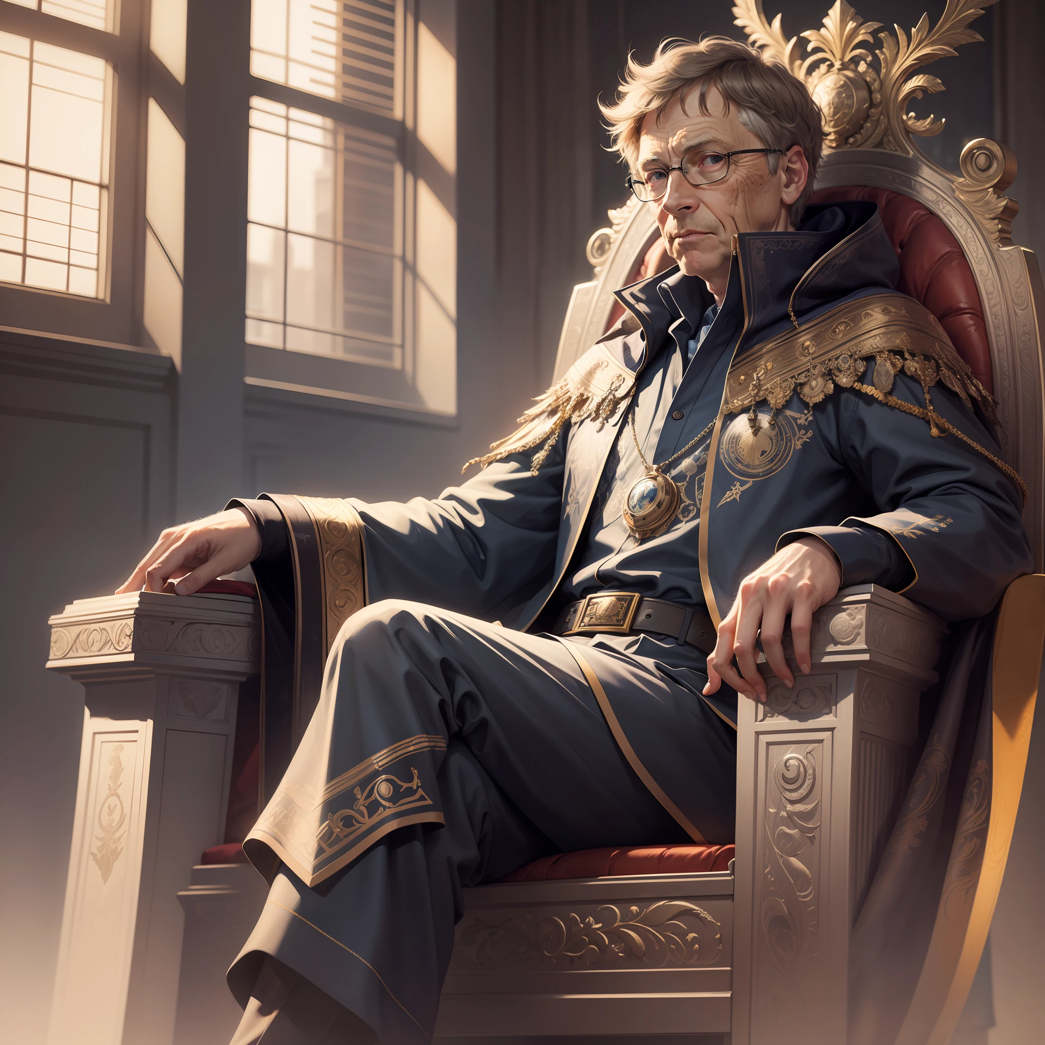 "An ultra-detailed and beautiful illustration of Bill Gates as a majestic king, sitting on his throne with impeccable gradation of colors."