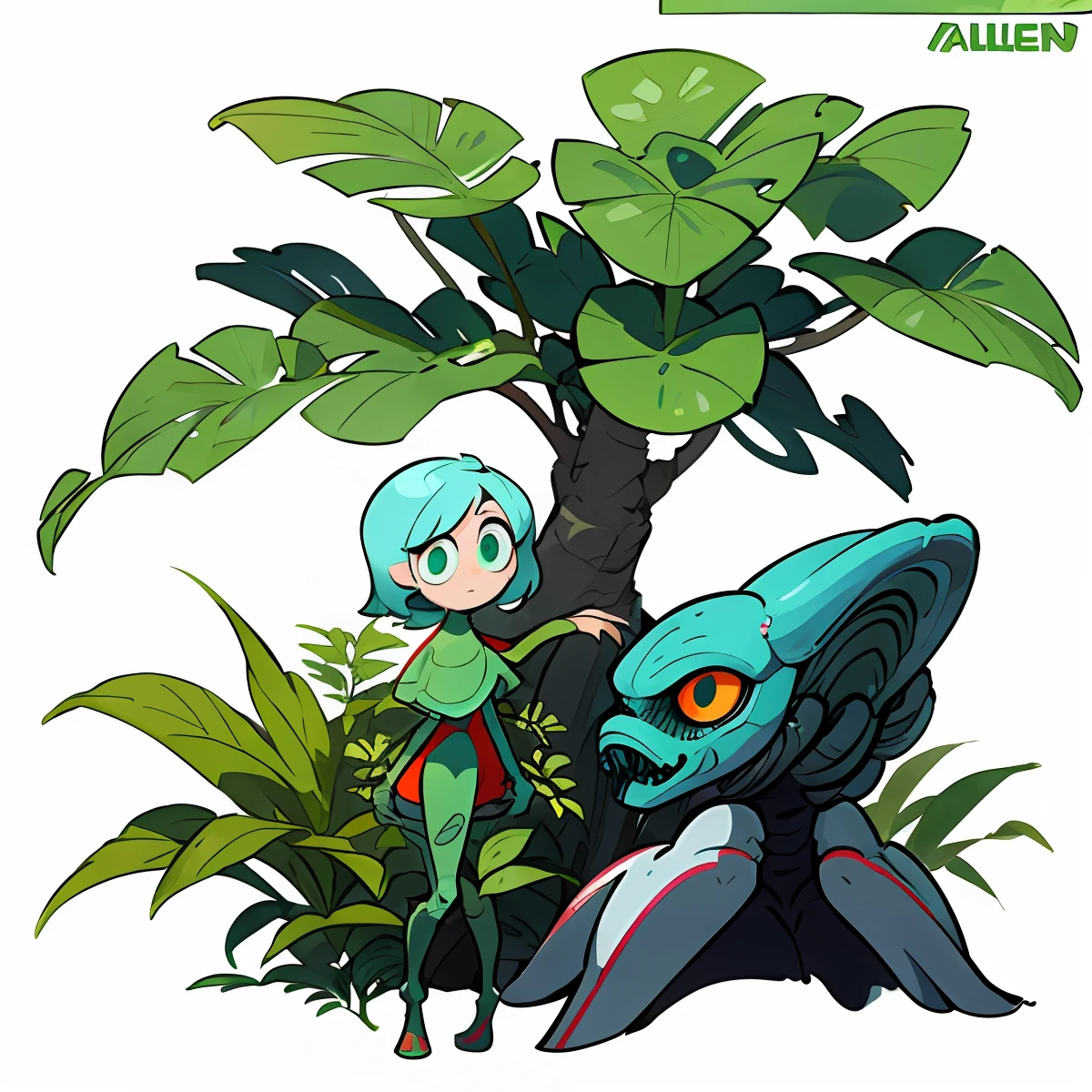 2d illustration, Alien creature, line art, white background, big eyes, video game character, side view, plant type