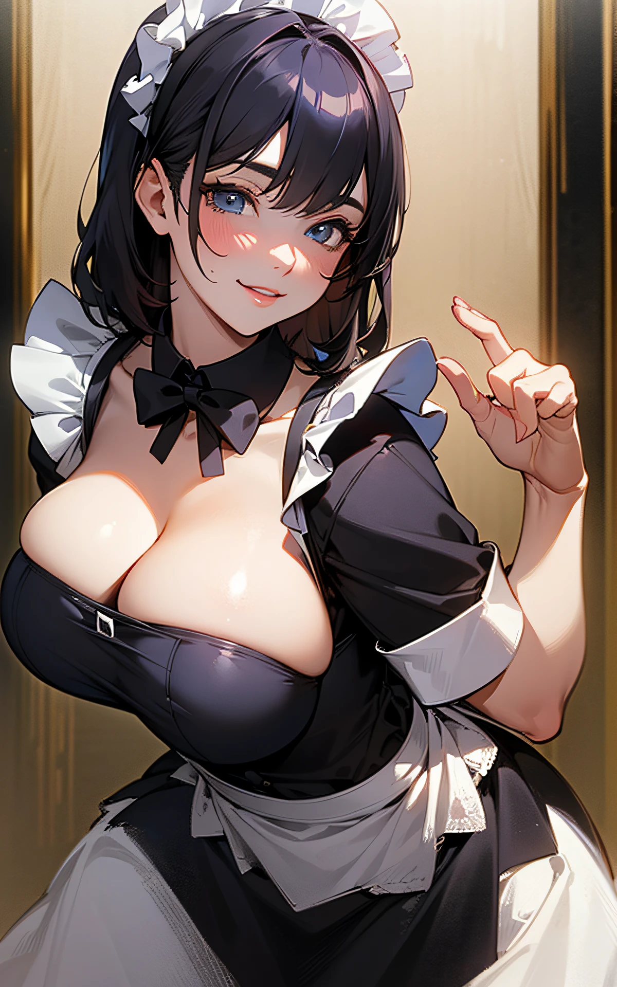 (Original Character、Unity 16K Wallpaper, Masterpiece, Best Quality, Ultra-Detailed, Extremely Detailed CG, Caustics, Cinematic Lighting, Detailed, Beautiful Detailed Eyes, solo,sexy women), Ultra High Resolution, fine skin, (maid, maid apron, maid headdress,black maid skirt), (strong light)、oily skin,curby:1.2,Huge gigantic breasts:1.2,mansion、(cowboy shot、above chest,portrait),brawn hair,smile
