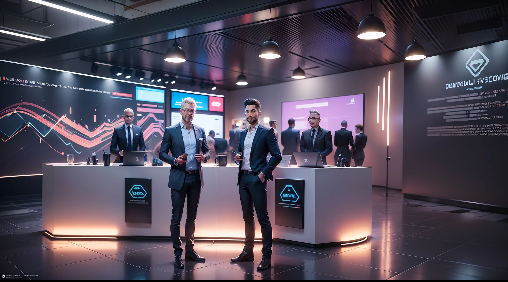 Deep collaboration between entrepreneurs, background is business cooperation conference, exhibition details, global illumination, shadows, octane rendering, 8k, warm colors, highly complex details, realistic light, CGsociety trends, glowing eyes, facing the camera, smiling, standing --auto --s2