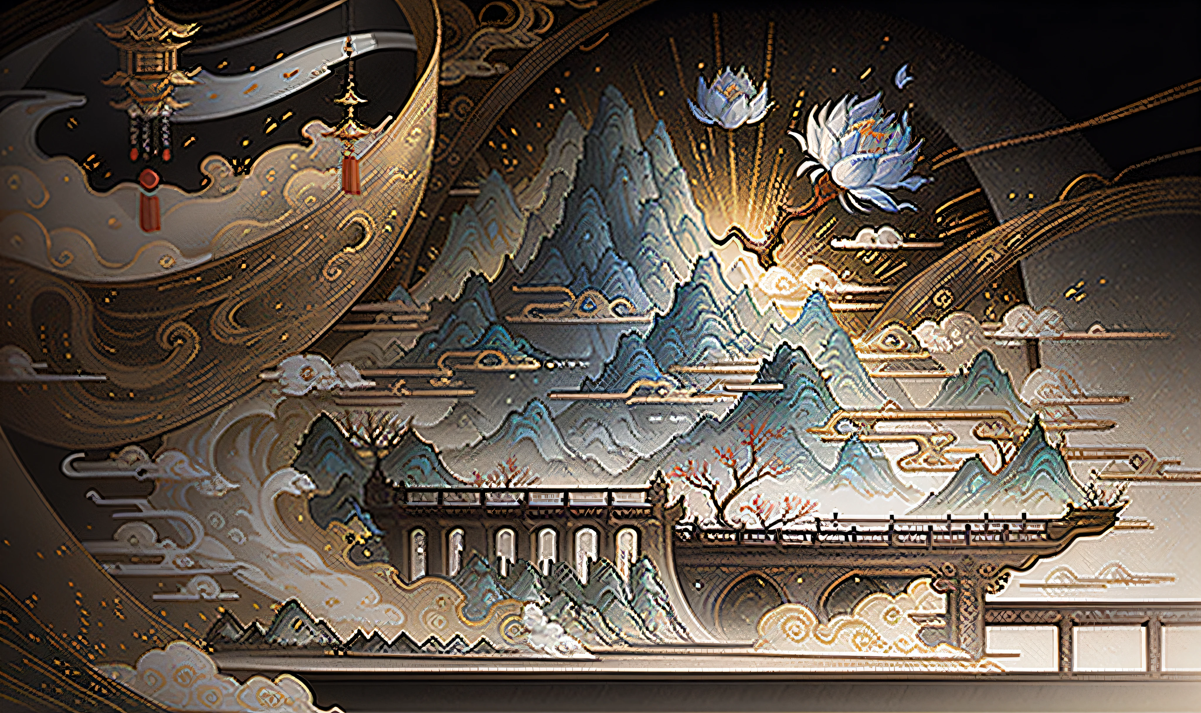 ancient chinese painting, ancient chinese background, mountains, rivers, auspicious clouds, sunlight, masterpiece, super detail, epic composition, ultra hd, high quality, extremely detailed, official art, unified 8k wallpaper, super detail, 16:9 32k -- v 6