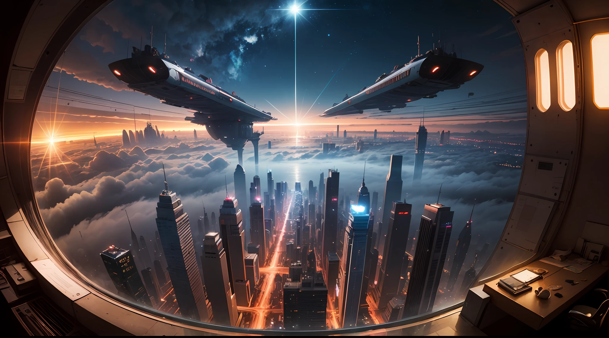 City of the future, (super detailed: 1.4), (top view, aerial photography: 1.3), cyberpunk, light, fog, multiple spaceships, future technology spaceships, future technology cars, starry sky, CG style, HD wallpapers, cg art , 3D Art, Hyper Realism, Photorealism, Cinematic Lighting, Reflected Light, Atmospheric Perspective, Panorama, Long View, Fisheye, Lens Flare, Bokeh, Hyper Realism, Ultra HD, Ultra Detail, Award Winning, High Detail, 8k