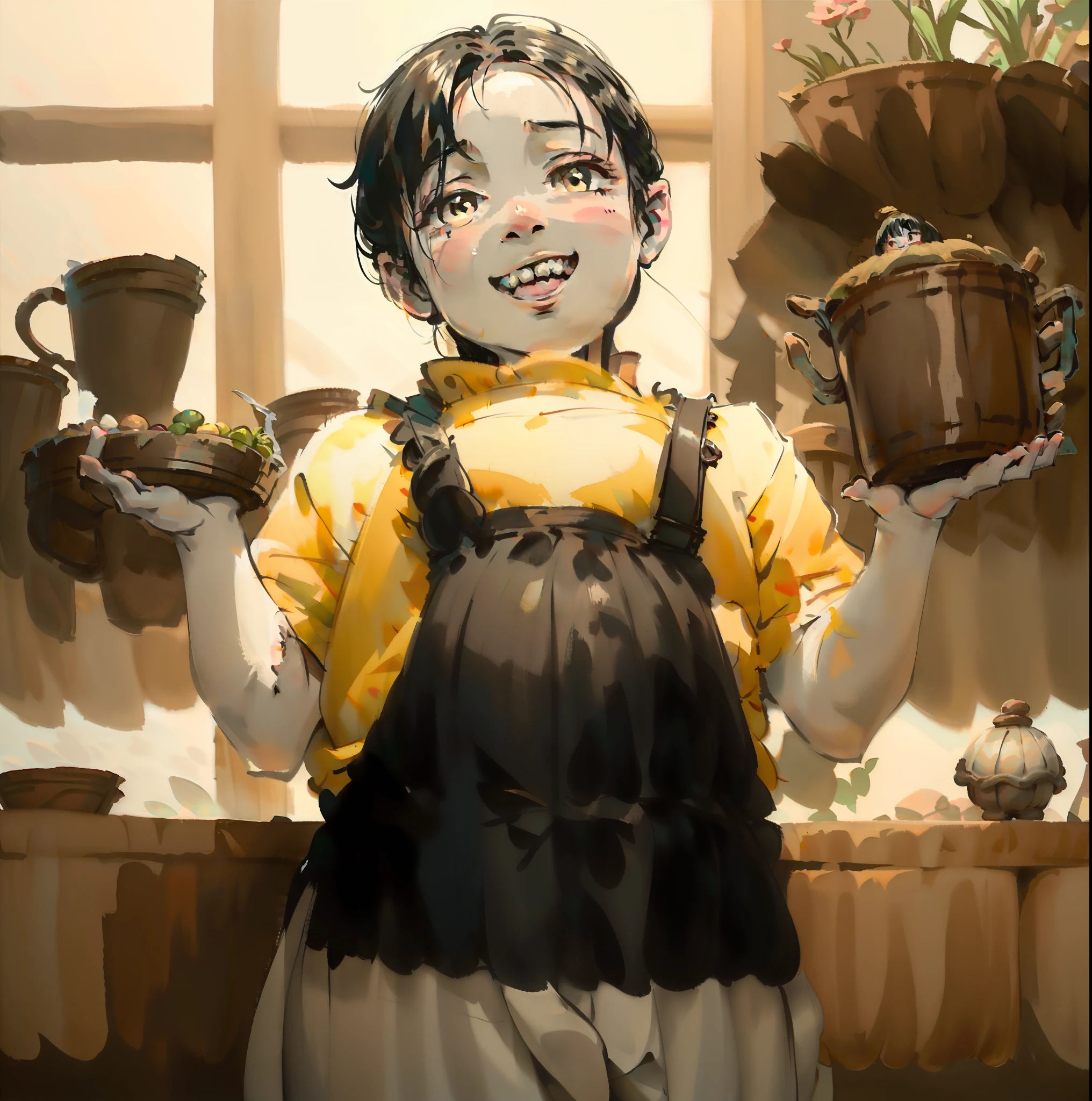 The chubby with black hair stood in the sun holding a clay pot and laughed with his teeth