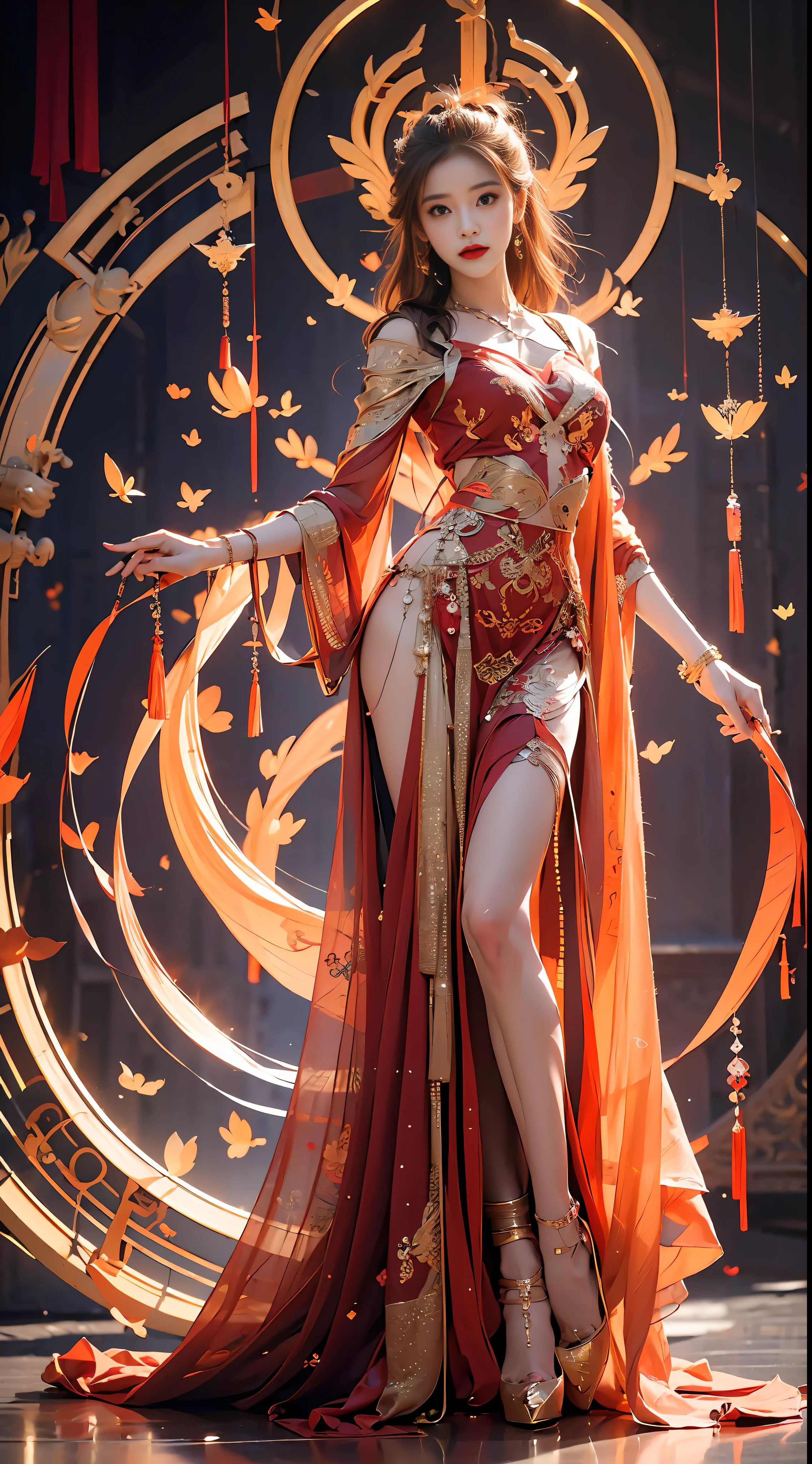 (abstract art:1.4), masterpiece, best quality, ultra high res, beautiful, visually stunning, (1girl:1.2), deep red theme, dark crimson, bleeding red, halo, looking at viewer
,full body,high heels,girl,nvshen,dunhuang,red and gold dress