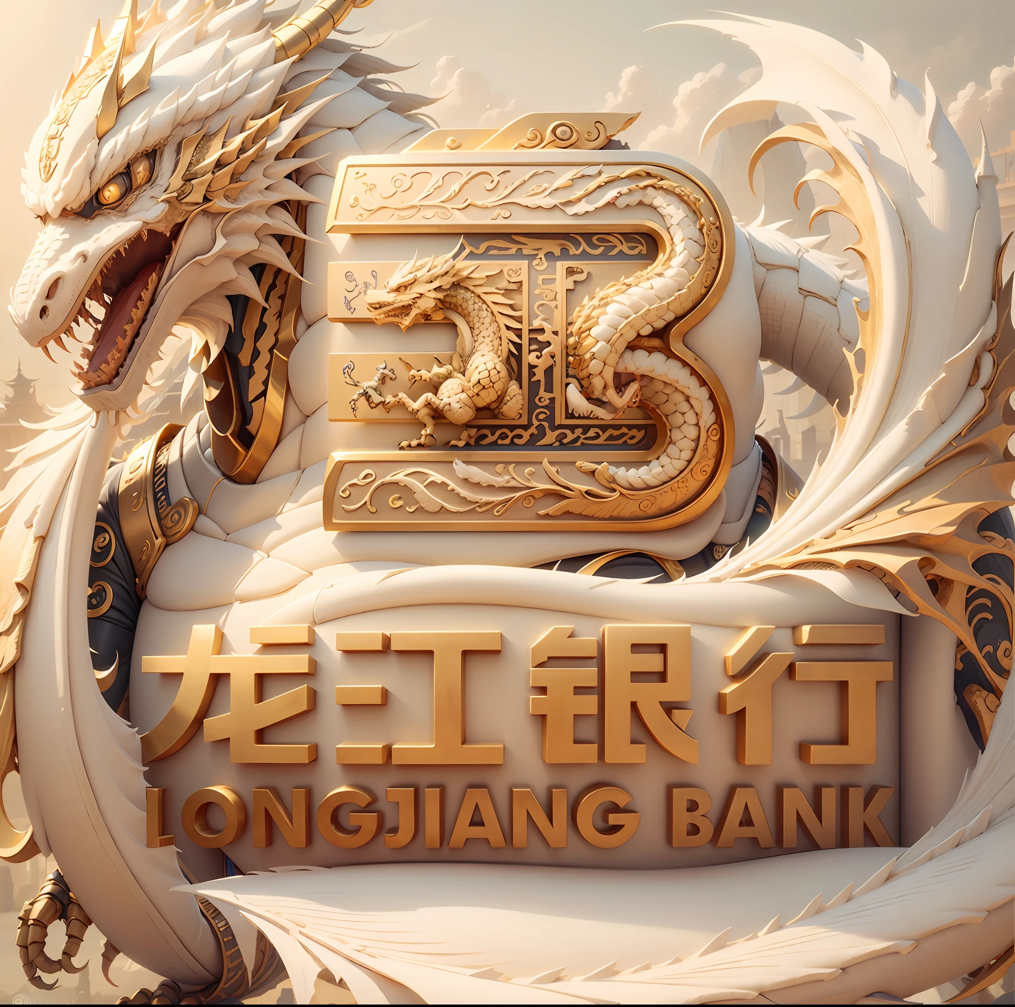 Longjiang Bank logo close-up, China Dragon, Oriental Dragon, logo, company logo, logo, ivory gold artificial intelligence, gold bars, money, treasure
