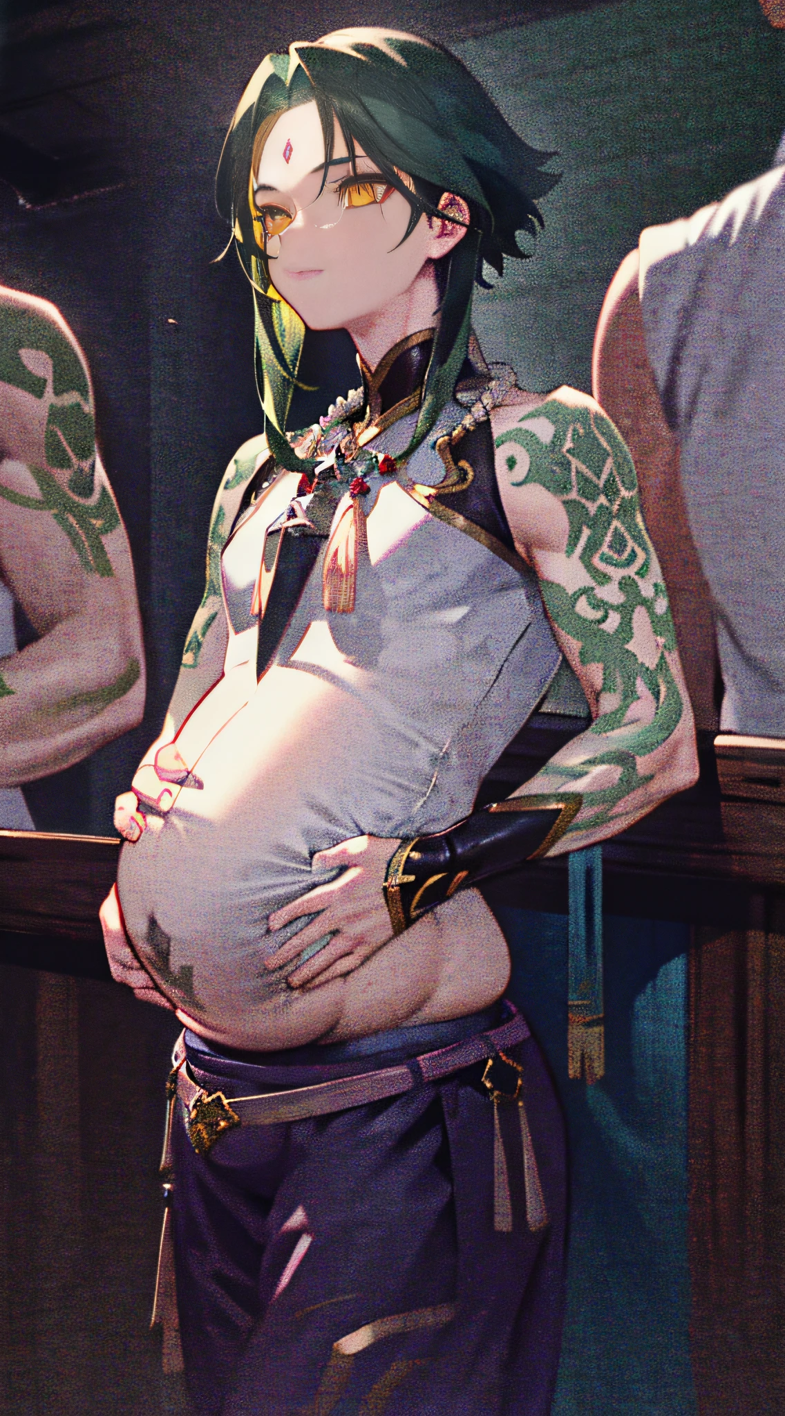 1 boy, dark green hair, best quality, masterpiece, extreme, yellow eyes, male focus, beautiful eyes, pregnant belly button, pregnancy, natural skin texture, 4k texture, HDR, intricate, very detailed, sharp focus, cinematic look, super detailed