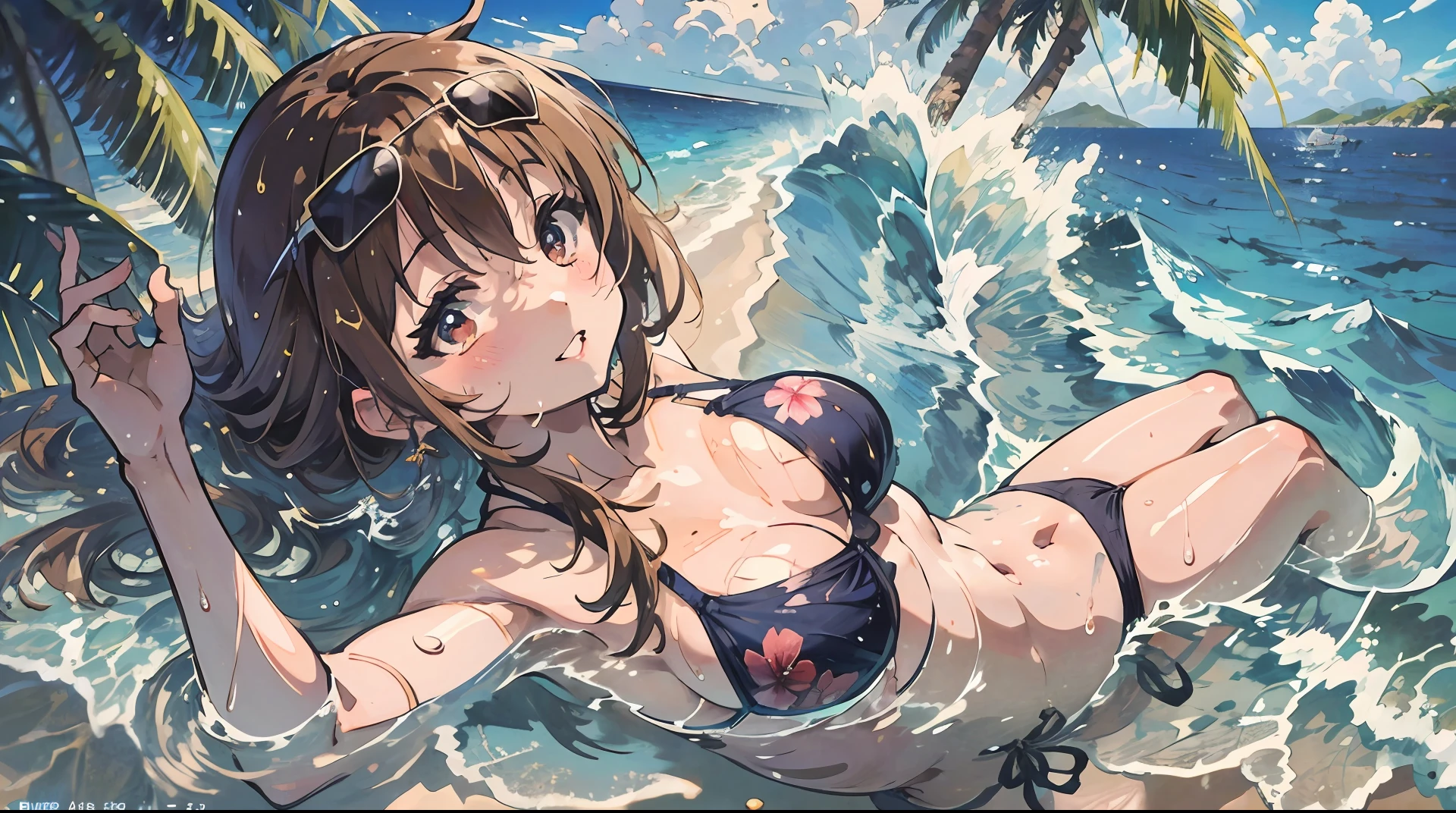 1girl (Masterpiece: 1.2) (Details: 1.2) (Best Quality: 1.1) (Shiny hair) (Shiny skin), Yui Hirasawa, (Wet skin, Sea: 1.2), Bikini, Sea, (Beach) , Palm trees), Beach, Clear Water, (Blue Sky, Cumulonimbus),(Island),(Hibiscus),Smiles, Sunglasses, k-on, anime, yui Hirasawa, bikini, drawing, cartoon, illustration, Kyoto animation --auto --s2