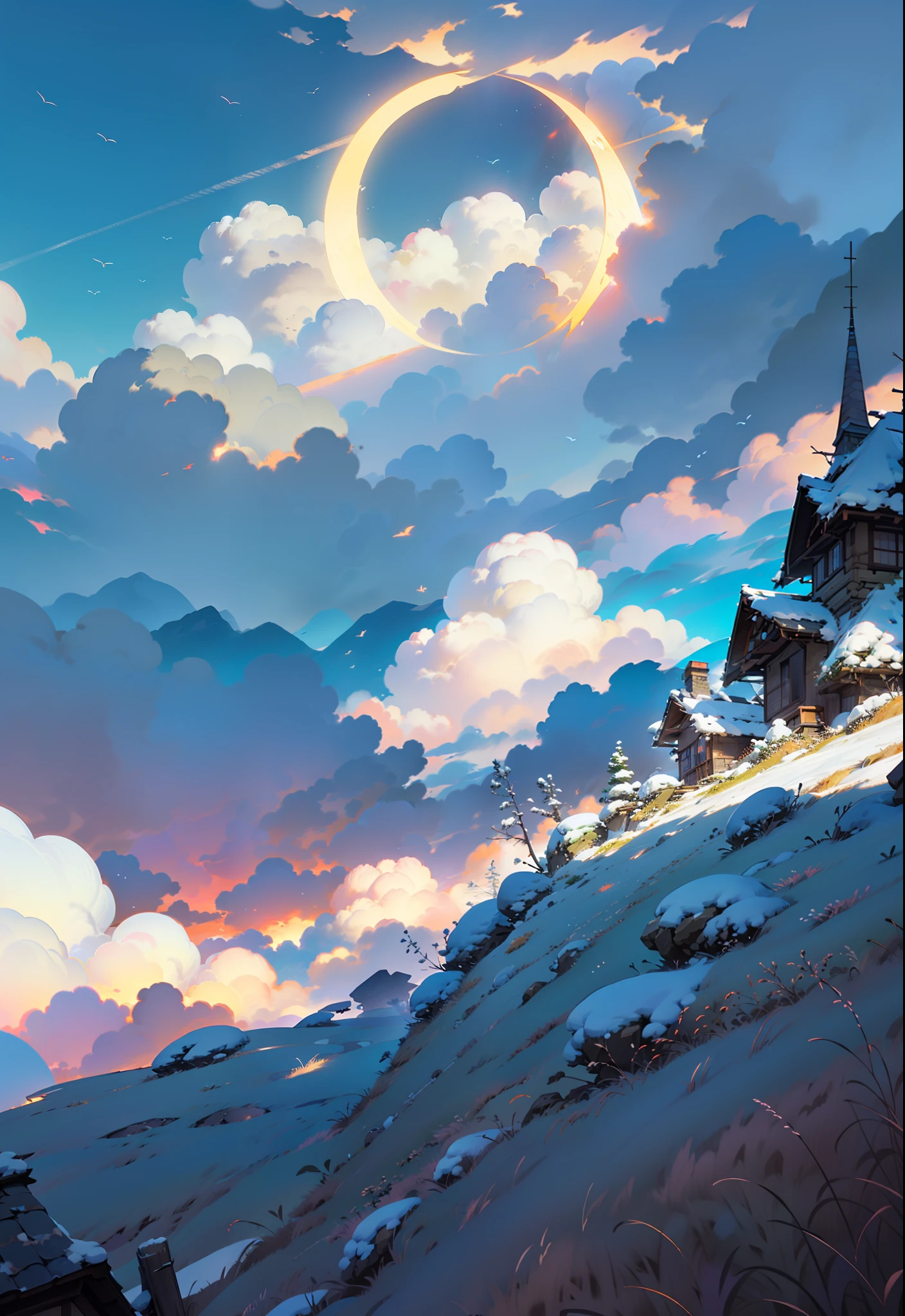 Wide angle lens, masterpiece, top quality, best quality, 8K, best quality, best light and shadow detail, best architectural detail, movie picture quality, rich picture story, mountain, mitsuba, taki, face to face, Shinkai Makoto anime, your name, anime landscape concept art, anime scene, HD anime landscape