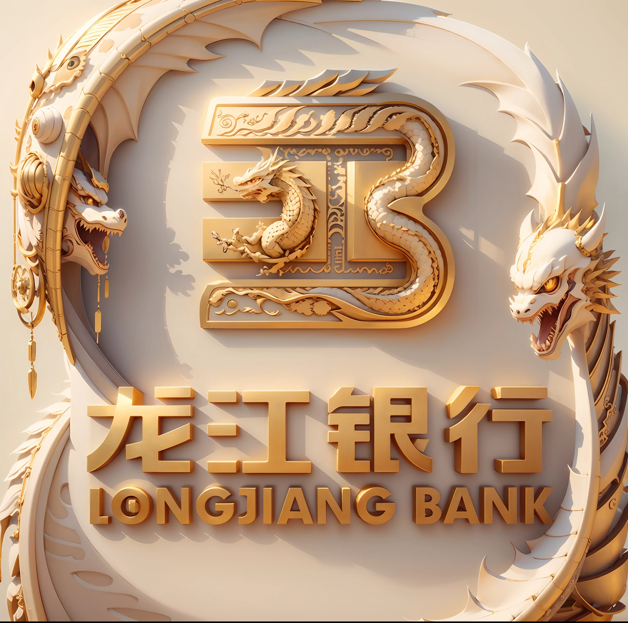 Longjiang Bank logo close-up, China Dragon, Oriental Dragon, logo, company logo, logo, ivory gold artificial intelligence, gold bars, money, treasure