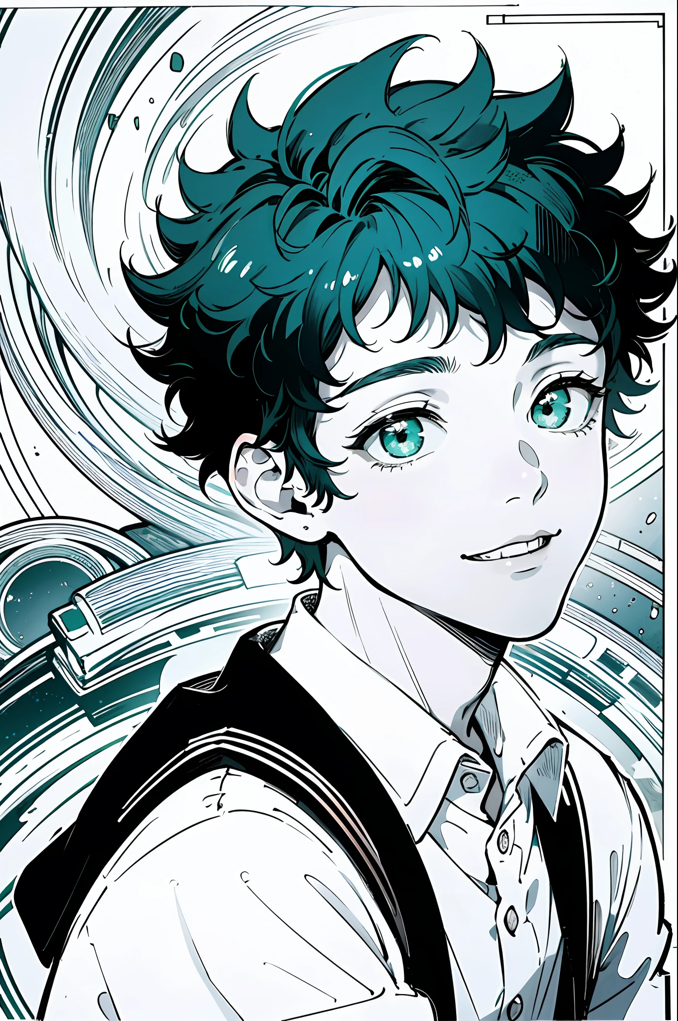 Masterpiece, top quality, 8k, one boy, Izuku Midoriya, 16 years old, high school uniform, shining big green eyes, gentle smile, monochrome, line drawing,