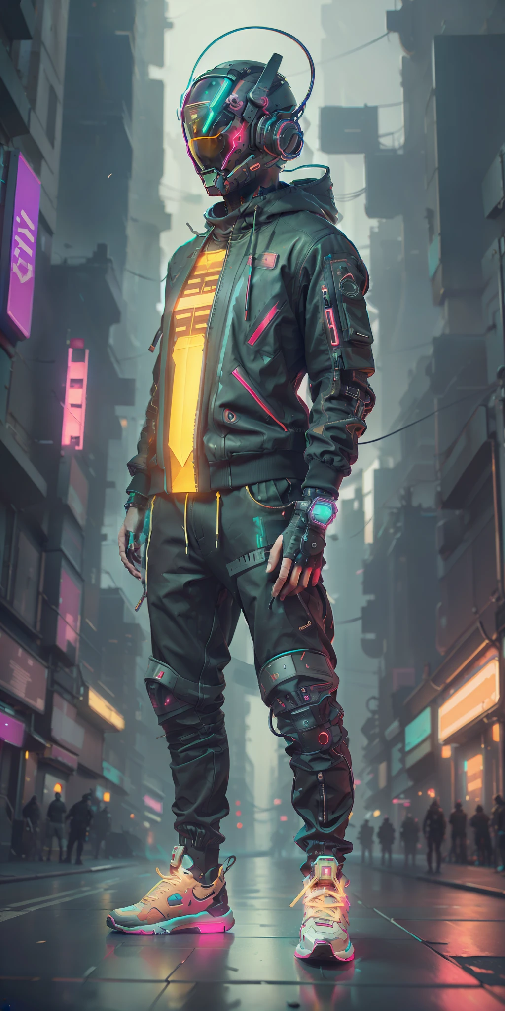 (masterpiece, full-body shot, intrincate raw photography)cyberpunk citizen in oversize techwear, using a black  astro daftpunk style helmet, neon light details, intrincate, futuristic, sharpness, ramdom pose, cyberpunk city, street neon lights, insta pic, photo of the year, octane render, substance, maya 3d, cinema4d, artstation trending, devian art trend,