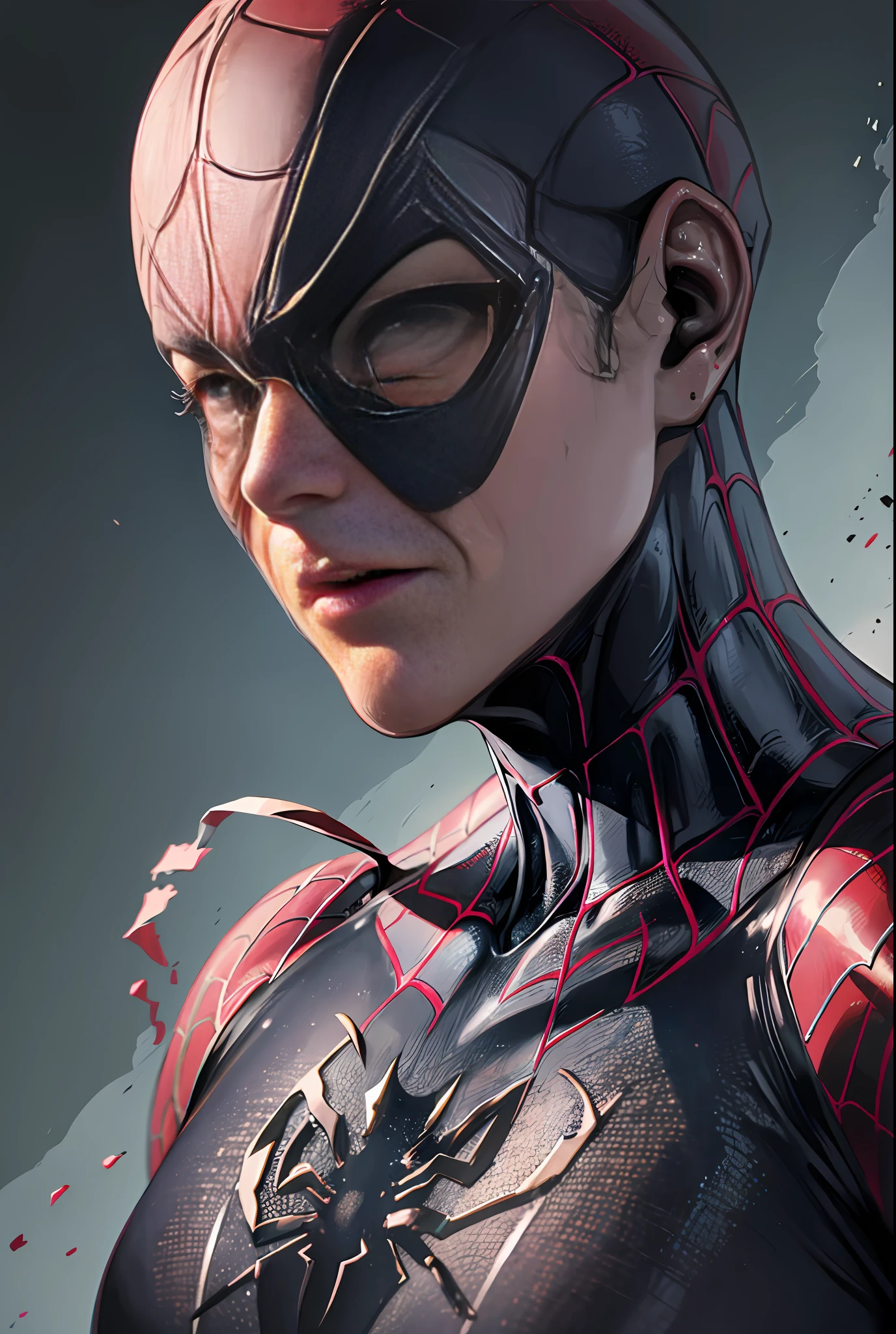 spider man, organic-looking outfit, gooey testura, symbiote, white eyes, fine art, cinematic scene, highly detailed detailed cinematic rendering, ultra photorealistic raytricing, with cinematic lighting