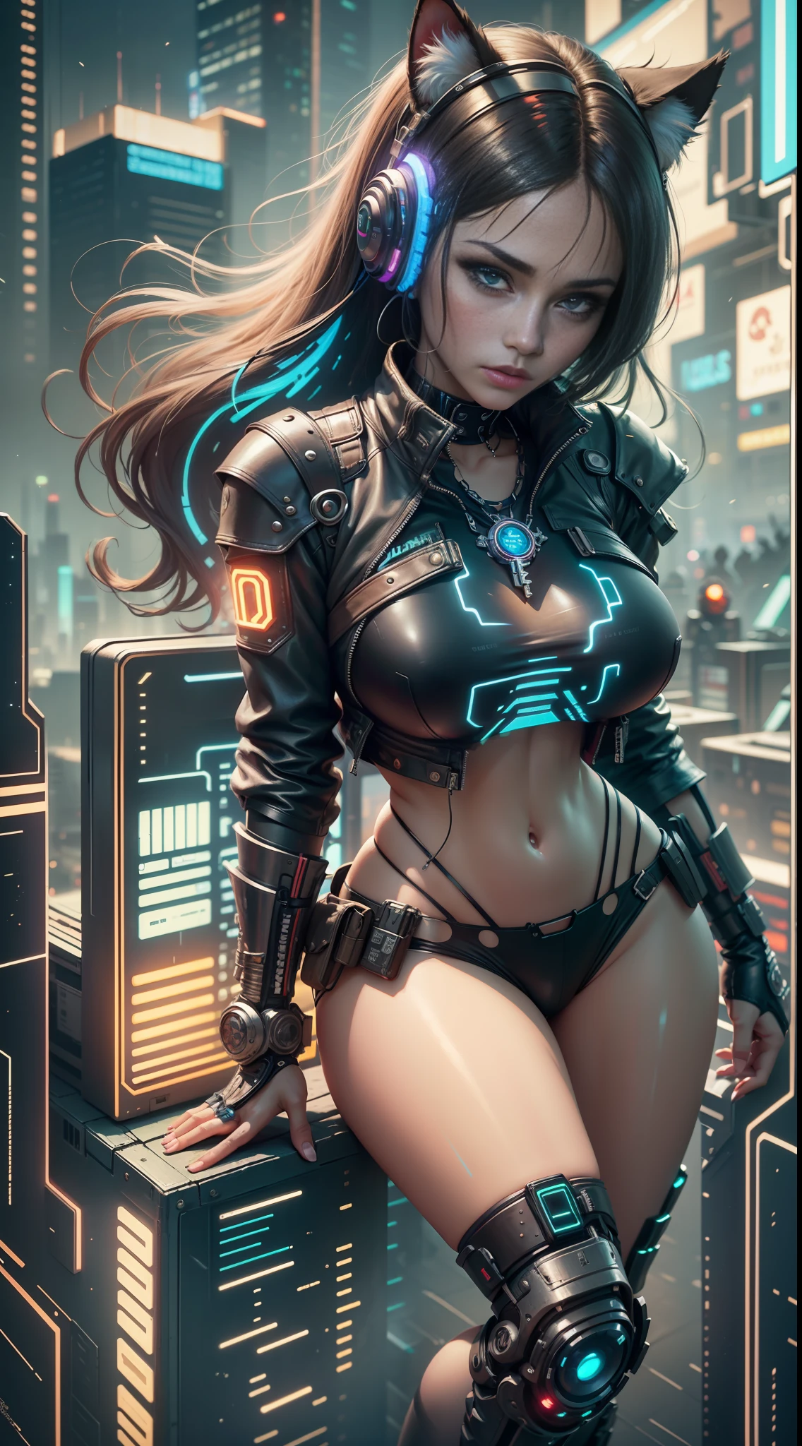 Beautiful photograph of Reika Shimohira as a Nekomata catgirl, slender body, slender hips, big breasts, wearing full ((heavy cyberpunk armor)) with neon trim, ((leather tech jacket)), cat ears, cat tail, science fiction, cyberpunk city in the background, Gantz, In the Style of Cyberpunk 2077, Ultra realistic photo, masterpiece, best quality, CG, wallpaper, HDR, high quality, high-definition, extremely detailed, {beautiful detailed face}, {beautiful detailed eyes}, (detailed light){{intricate detail}}, {highres}, ((detailed face)), neon light, chiaroscuro, key visual, intricate detail, highly detailed, breathtaking, vibrant, cinematic