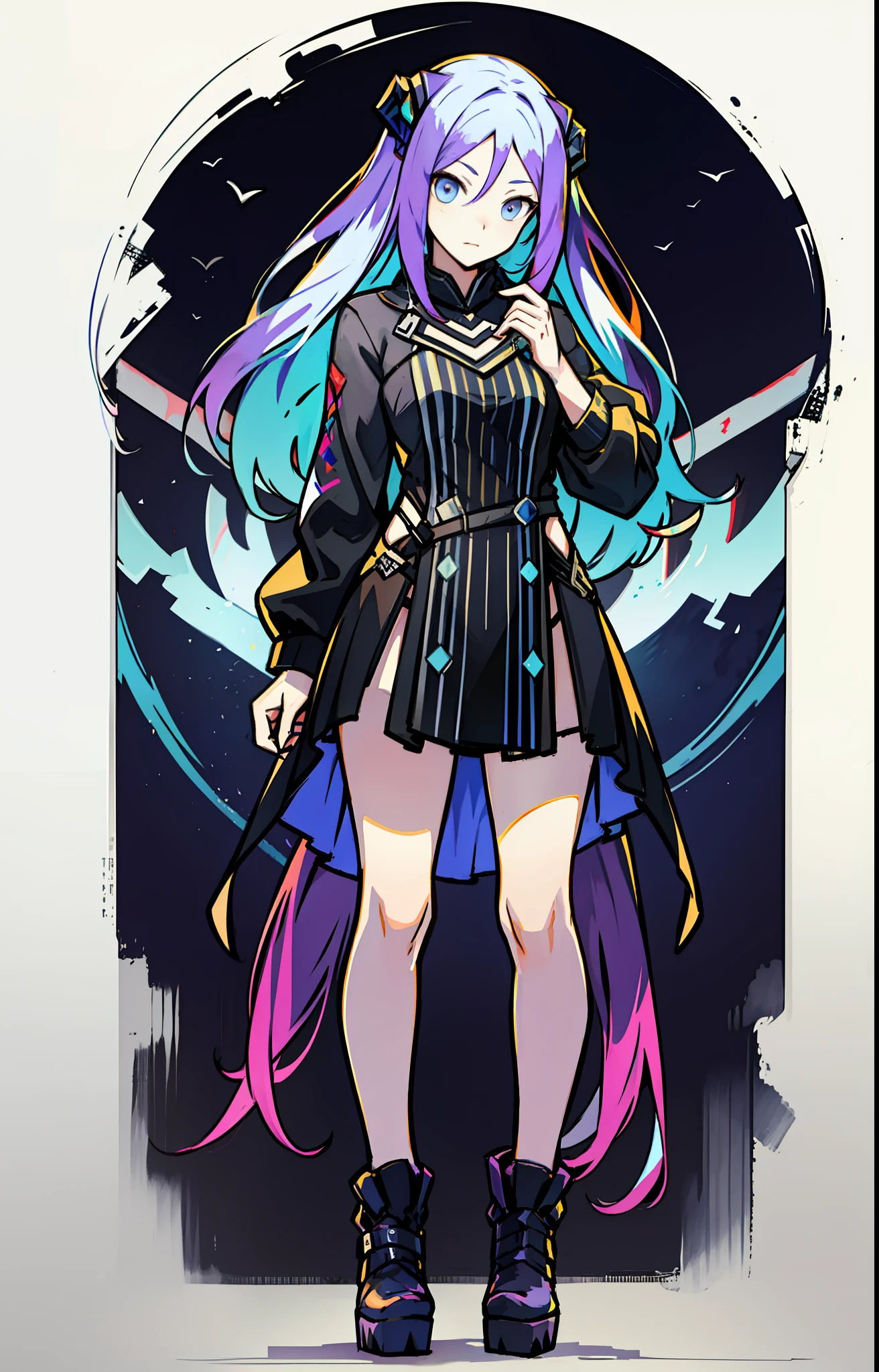 Ark of tomorrow, arknights, full body portrait, character setting drawing, white background, hair like rainbow, rainbow color hair, hand paint spray can, dress like street trend painter, girl