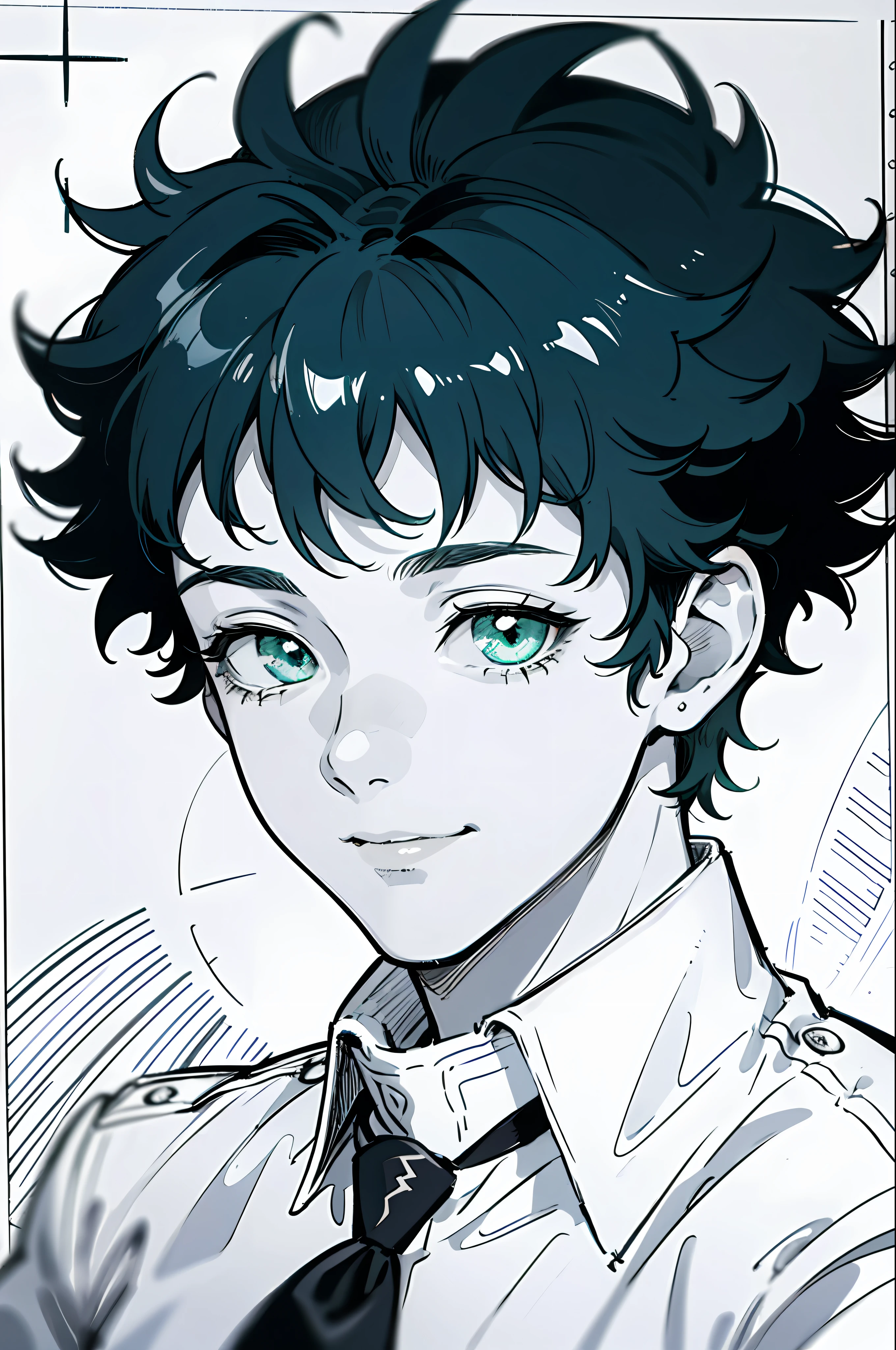 Masterpiece, top quality, 8k, one boy, Izuku Midoriya, 16 years old, high school uniform, shining big green eyes, gentle smile, monochrome, line drawing,
