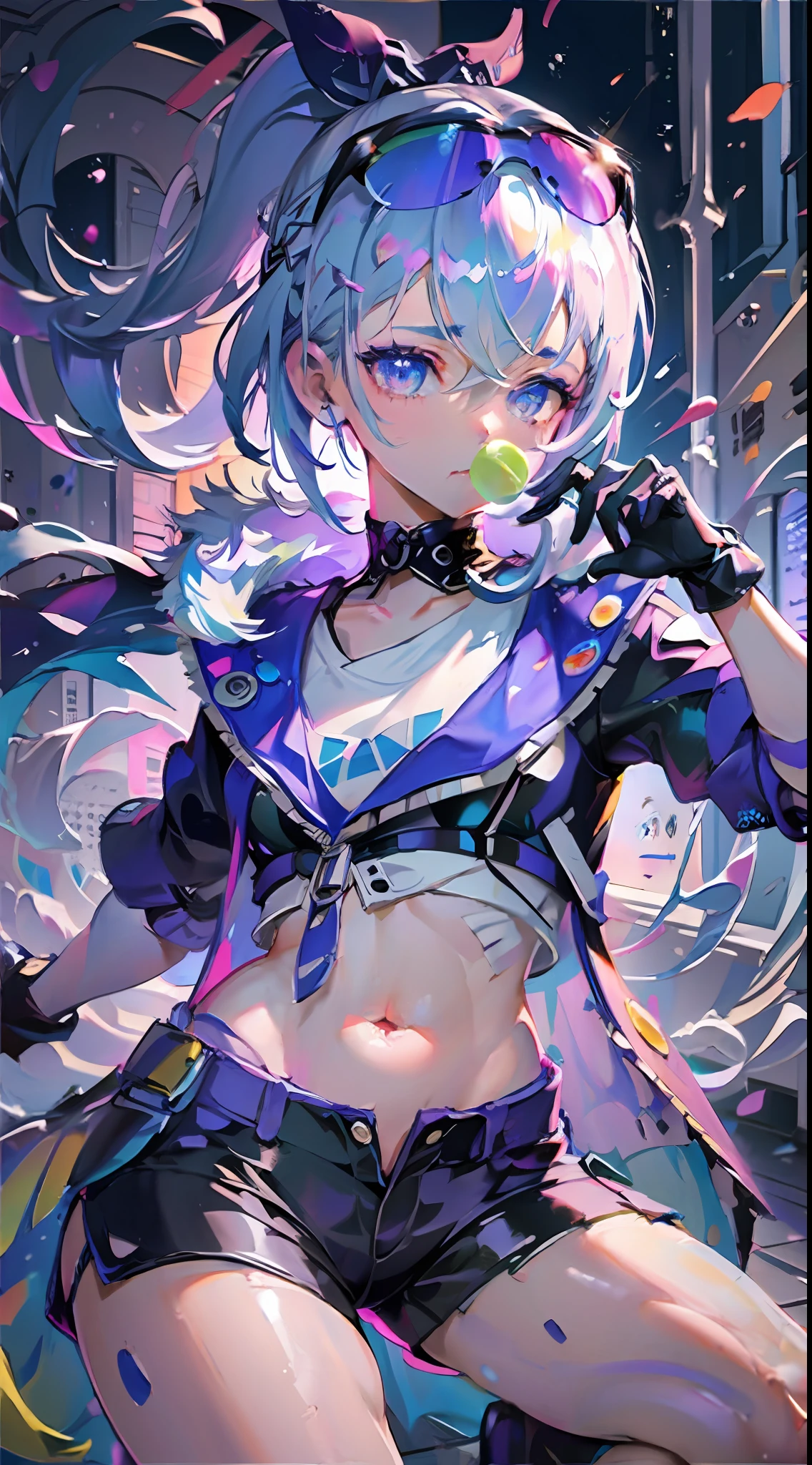 full body, 1girl, li, solo, Eye focus,Masterfully crafted Glow, pink lens flare, Cinematic background,colourful, hyper details, hdr, ultra detailed eyes, mature, plump, rainbow painting drops,(supermodel:1.3), made up from paint, entirely paint, splat, splash, indoors, (bioluminescent hair:1.1),(glowing eyes),  ((makeup)), fierce, powerful, splashes of colour absolutely eye-catching, dynamic angle, beautiful detailed glow, ambient occlusion, ambient light, raytraced reflections, retro style, living arcade characters, arcade style world, gloves, jacket,weapon, shorts, black gloves, black jacket, gun, drill hair, black shorts, eyewear on head, bubble blowing, chewing gum, (Cute face:1.3),