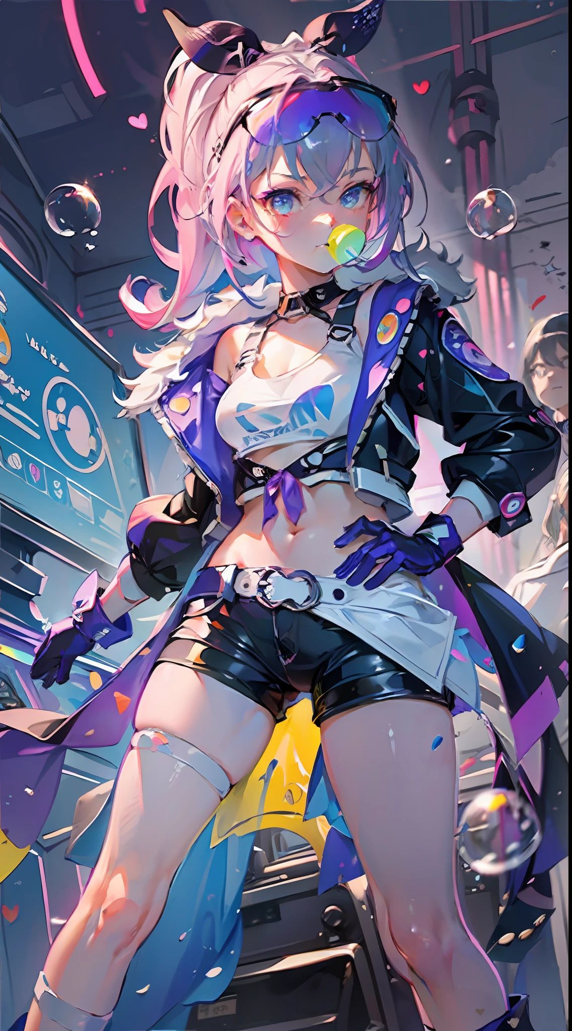 full body, 1girl, loli, solo, Eye focus,Masterfully crafted Glow, pink lens flare, Cinematic background,colourful, hyper details, hdr, ultra detailed eyes, mature, plump, rainbow painting drops,(supermodel:1.3), made up from paint, entirely paint, splat, splash, indoors, (bioluminescent hair:1.1),(glowing eyes), ((makeup)), fierce, powerful, splashes of colour absolutely eye-catching, dynamic angle, beautiful detailed glow, ambient occlusion, ambient light, raytraced reflections, retro style, living arcade characters, arcade style world, gloves, jacket,weapon, shorts, black gloves, black jacket, gun, drill hair, black shorts, eyewear on head, bubble blowing, chewing gum, (Cute face:1.3),