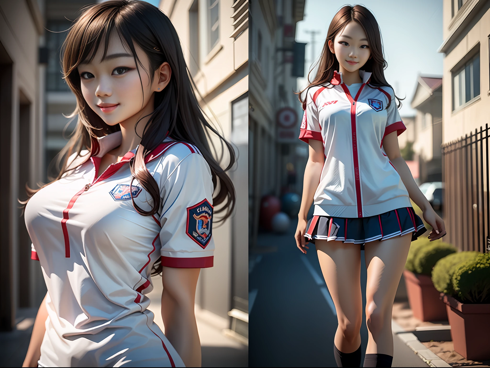 masterpiece, ultra high quality, ultra high definition, 8K, totally realistic, Korean girl, extremely beautiful, alone, full body, highly detailed face, fully detailed eyes, perfect eyes, perfect features, very beautiful body, perfect body, cheerful smile, wearing sports school uniform, side view