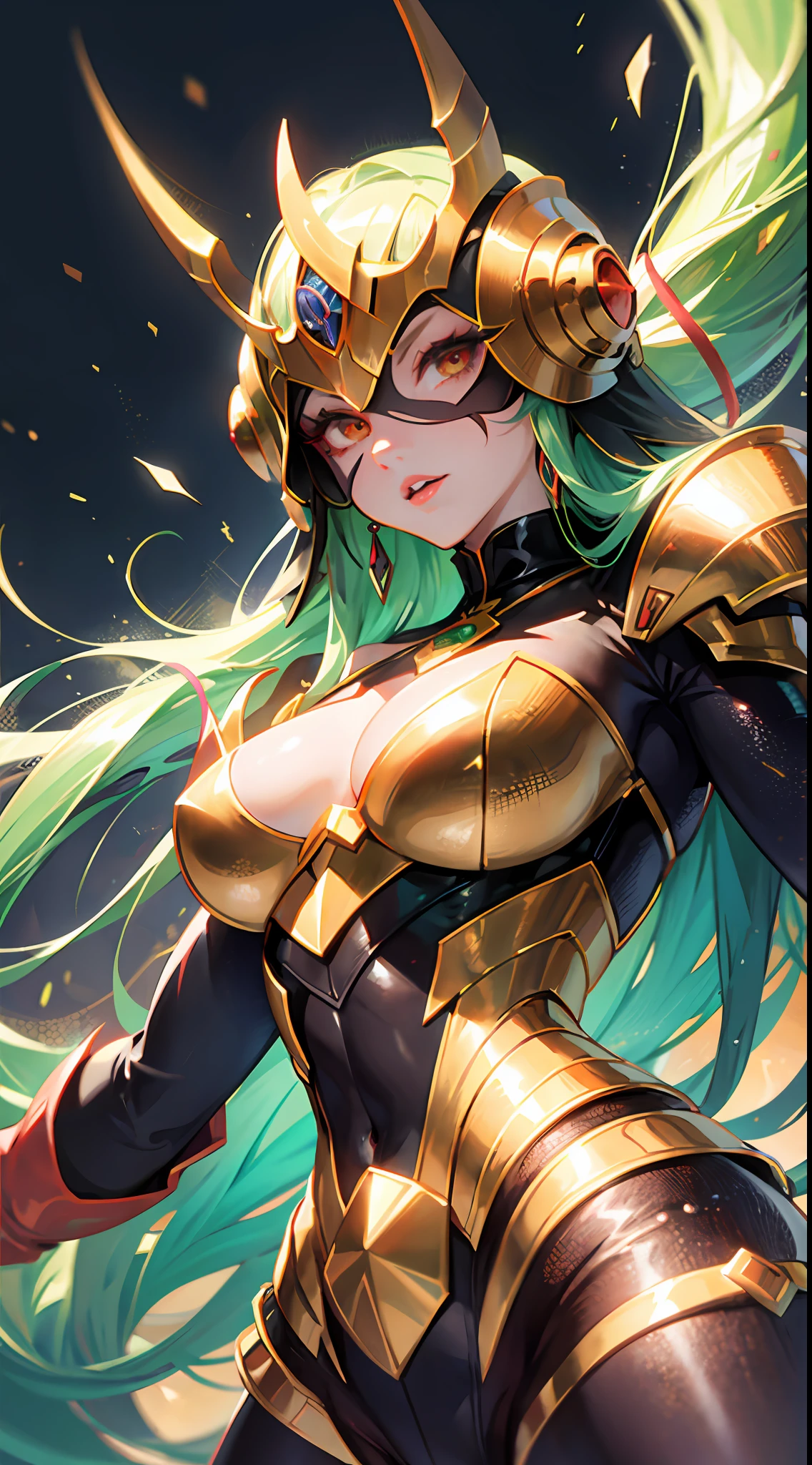 Cartoon photo of woman in green and red costume, hot insect humanoid woman, Guyver style, SFW version, red eye, scarab reploid, bellows tail, cel shade adult animation, alien queen, serpentine pose,