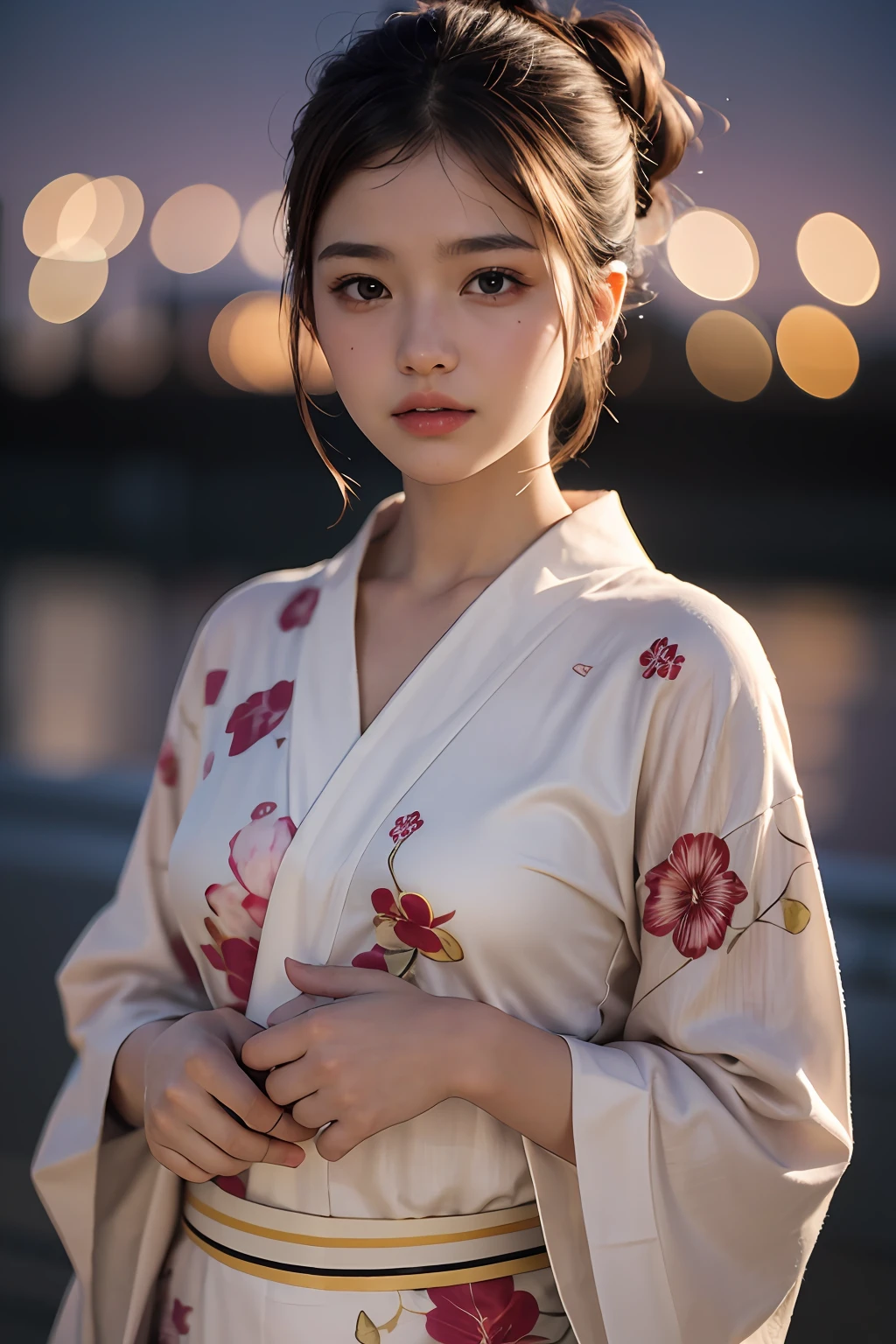 Top quality, realistic, perfect human body structure, very detailed, very delicate and beautiful, RAW photo, night fireworks display, yukata figure, professional lighting, face lighting, depth of field, single focal, pull photo, 13 year old woman, brown hair, brown eyes, small head, ((big)), baby face, fashion girl, beautiful eyes, real face, real skin, realistic face, realistic skin, detailed eyes, (half updo: 1.3), Sexy pose, viewer, looking at detailed face and breasts, middle school student