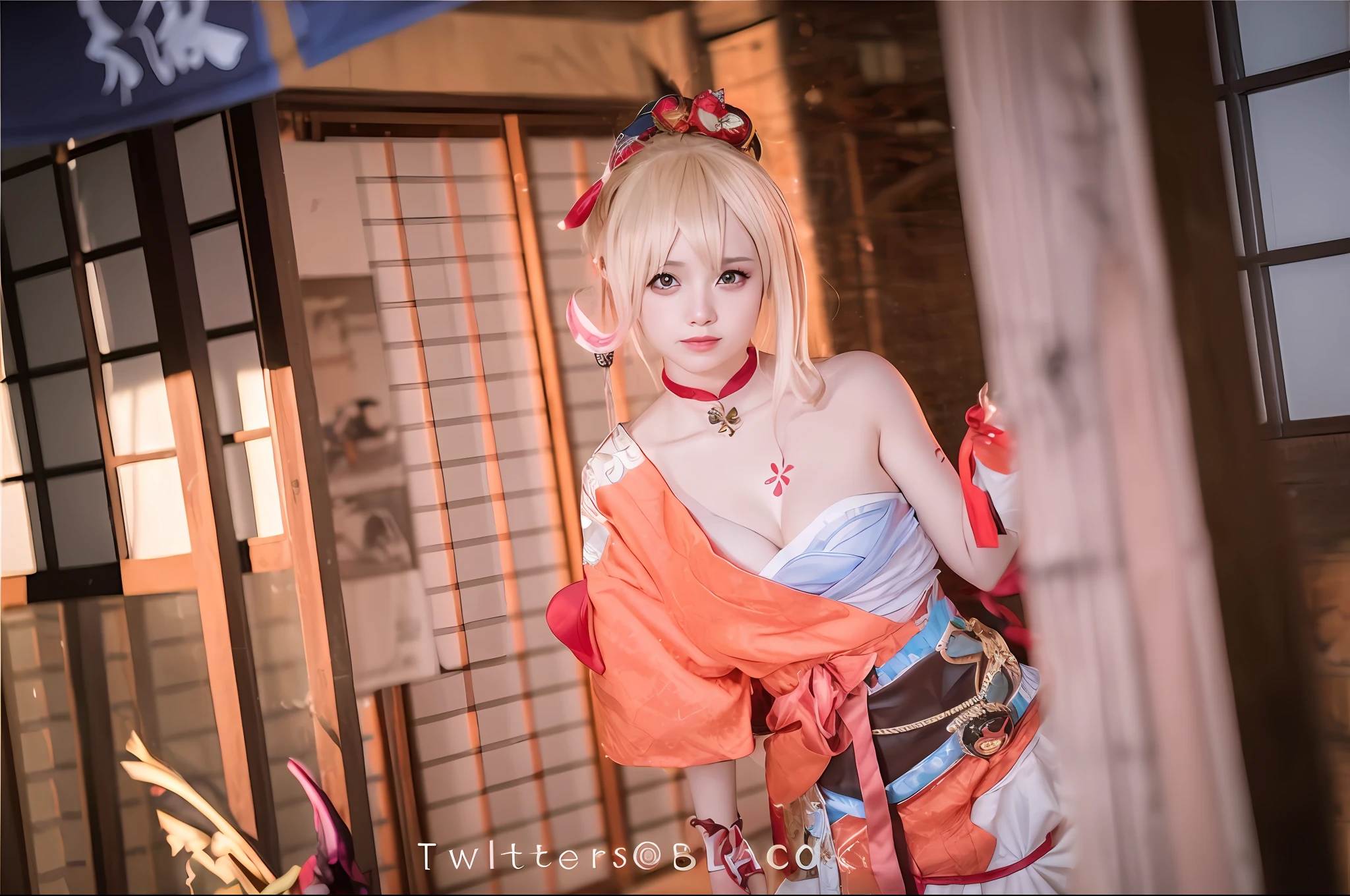 There is a woman posing in costume to take a photo, Ayaka cosplay, anime cosplay, anime girl cosplay, cosplay photo, cosplay, Ayaka game Genshin Impact, cosplayer, Ayaka Genshin Impact, professional cosplay, Kinomoto Sakura, full cosplay, anime style mixed Fujifilm, Shikamimi, rin, made by Kamagurka,, exposed