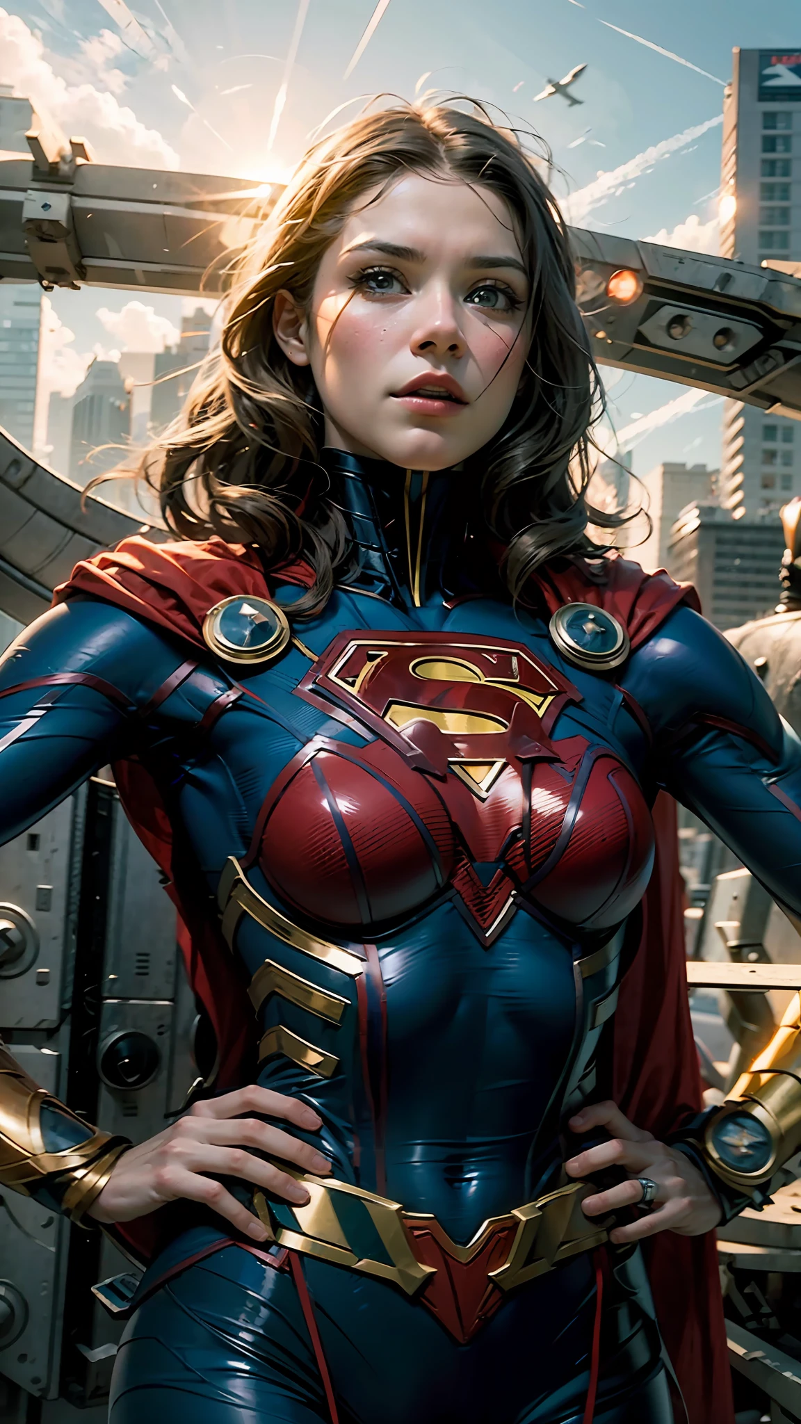 supergirl is standing on a cliff with a red cape, a portrait by Kurt Roesch, trending on cg society, superflat, supergirl pose, supergirl, supergirl, superhero from the boys tv show, textless, krypton, supergirl costume