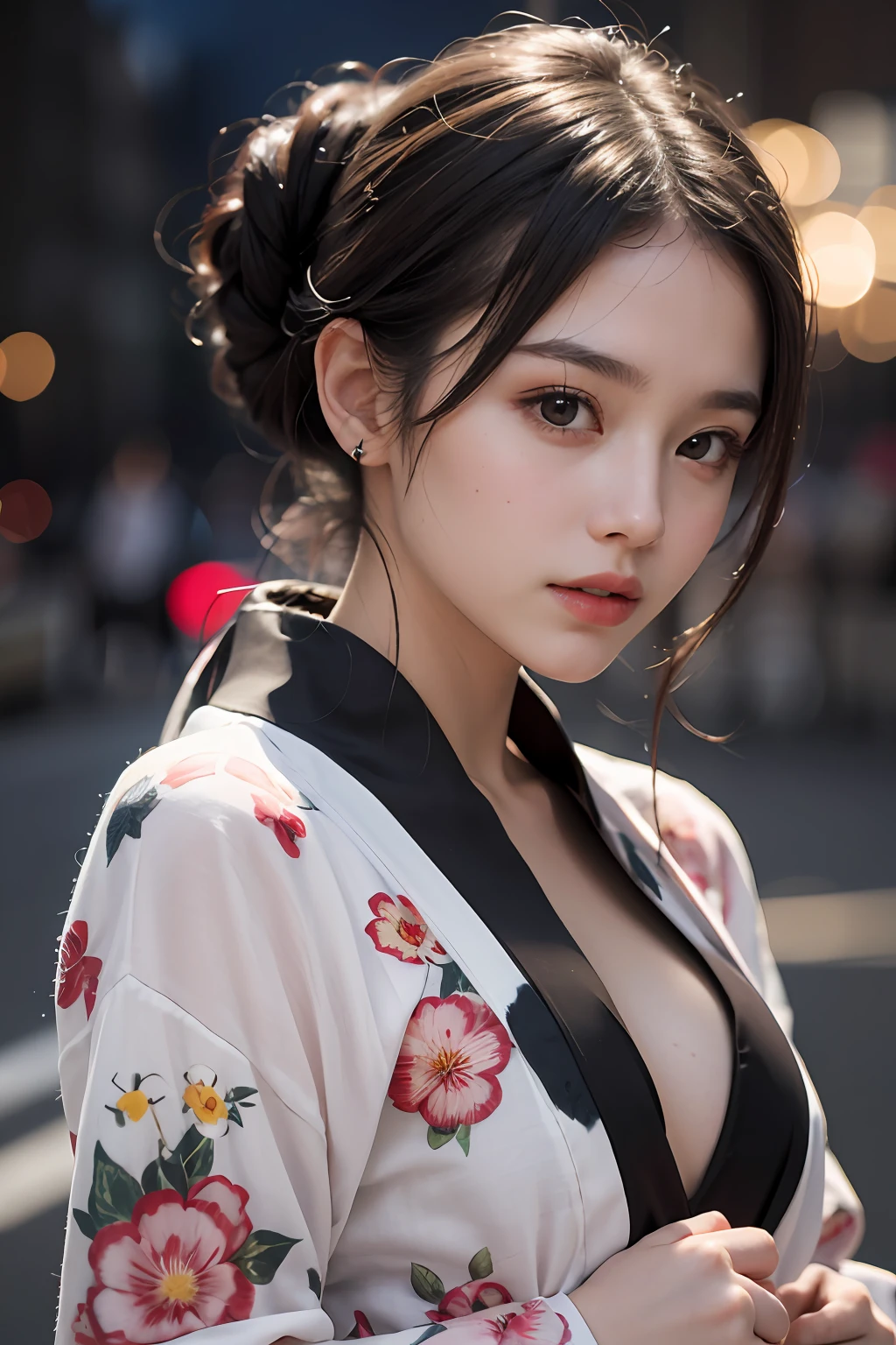 Top quality, realistic, perfect human body structure, very detailed, very delicate and beautiful, RAW photo, night fireworks display, yukata figure, professional lighting, face lighting, depth of field, single focal, pull photo,  woman, brown hair, brown eyes, small head, ((big)), baby face, ion girl, beautiful eyes, real face, real skin, realistic face, realistic skin, detailed eyes, (half updo: 1.3), Sexy pose, viewer, looking at detailed face and breasts, middle school s