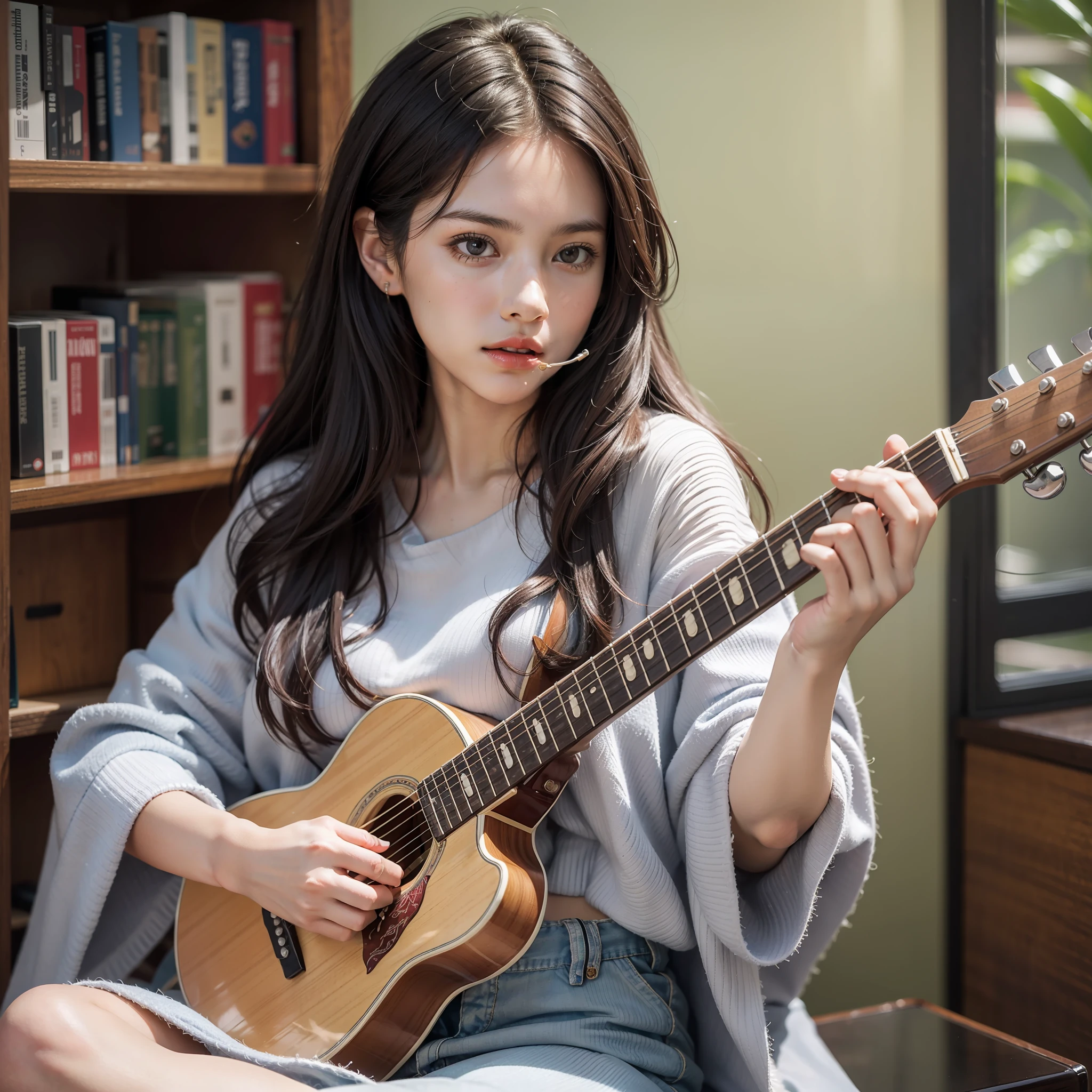 8K, masterpiece, super detailed texture, super detailed skin, best quality, a girl sitting in a chair in front of a bookcase, holding a guitar in her hand and playing songs, humming songs in her mouth, temperamental clothes, shawl long hair, delicate facial features, 16 years old girl, sun on face, charming girl, medium bust,