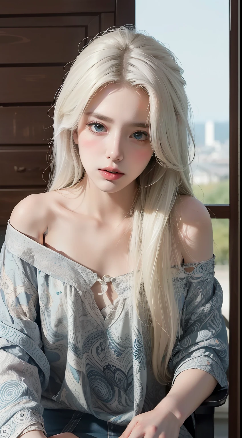 Masterpiece, Top Quality, Best Quality, Official Art, Depth of Field, Beautiful and Aesthetic: 1.2), Pinnacle Rendering, Realistic Rendering, (1girl), Extremely detailed, Colorful, Supreme Detailed, Official Art, Unified 8k wallpaper, Ultra detailed, shy, shy, blush, beautiful and aesthetic, beautiful, masterpiece, best quality, off-the-shoulder, white hair, (zentangle, mandala, tangled, entangled), strips of cloth, fingers all hidden without showing, small mouth closed, binding, binding, chair,