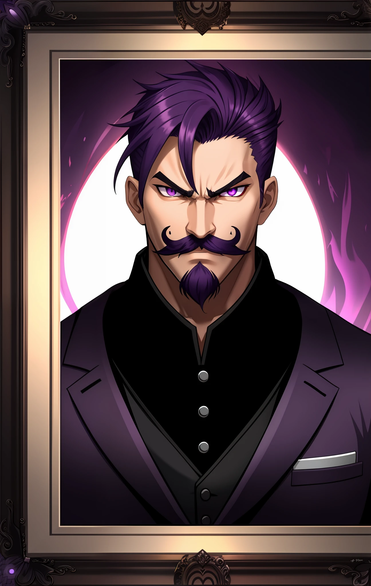 Baron with purple hair, black mustache, evil look, baron clothes, old frame, purple eyes, tentacles around