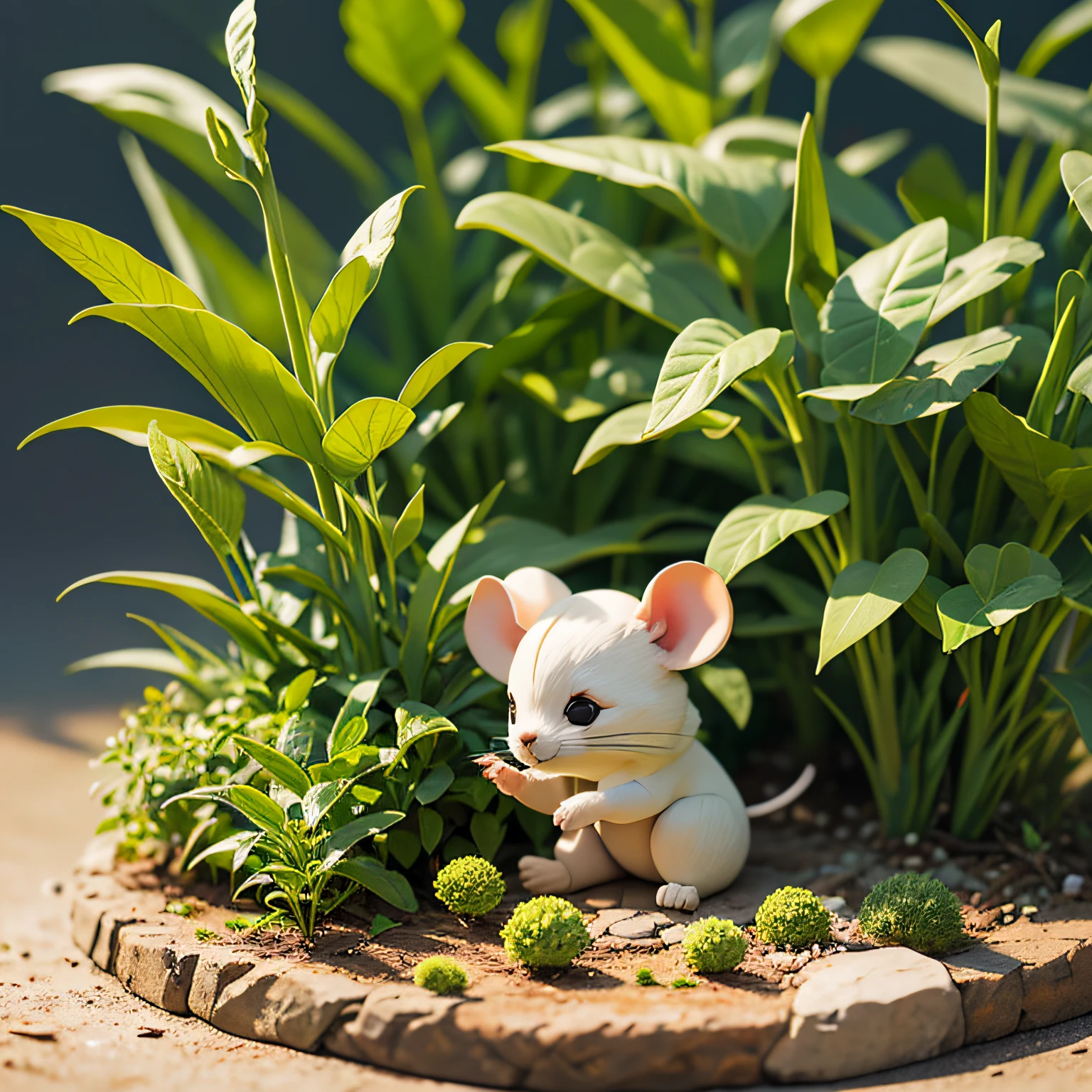 some tiny little toy mouse Under the  plants, natural light, miniature, blur background, clear details, tilt-shift, macro photography, isometric, 3d --auto