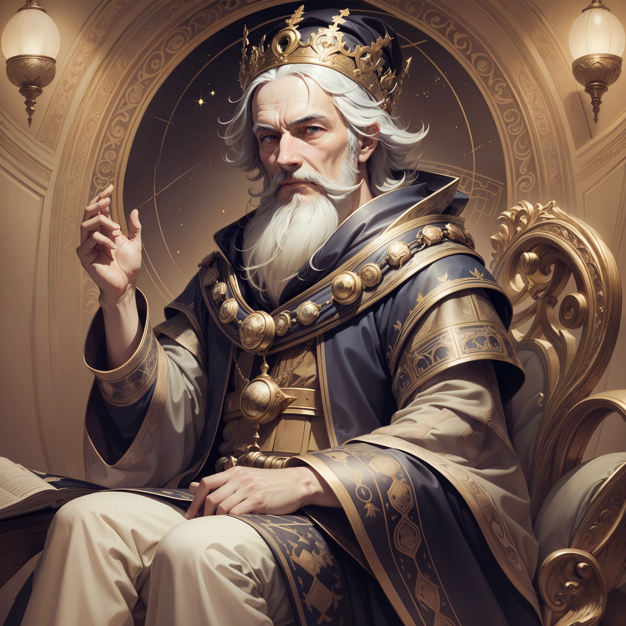 "An ultra-detailed and beautiful illustration of Galileo Galilei as a majestic king, sitting on his throne with impeccable gradation of colors."