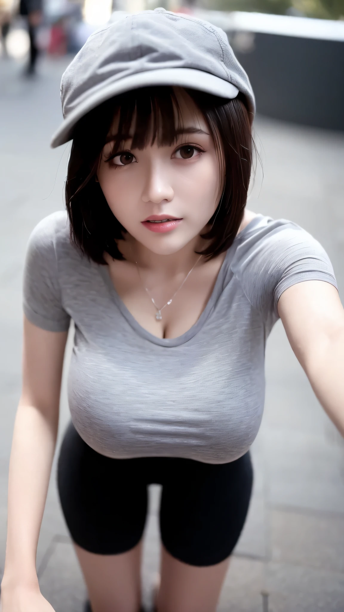 (Best quality, 8k, 32k, Masterpiece, UHD:1.2),Photo of Pretty woman,black short hair,beauty face,(leaning forward:1.3),squatting,(from above:1.2),(close up:1.4),pov, very loose over size t-shirt, large breasts, showing cleavage,(beautiful nipple slip:0.9),outdoors,windy,shiny skin,blurry background,