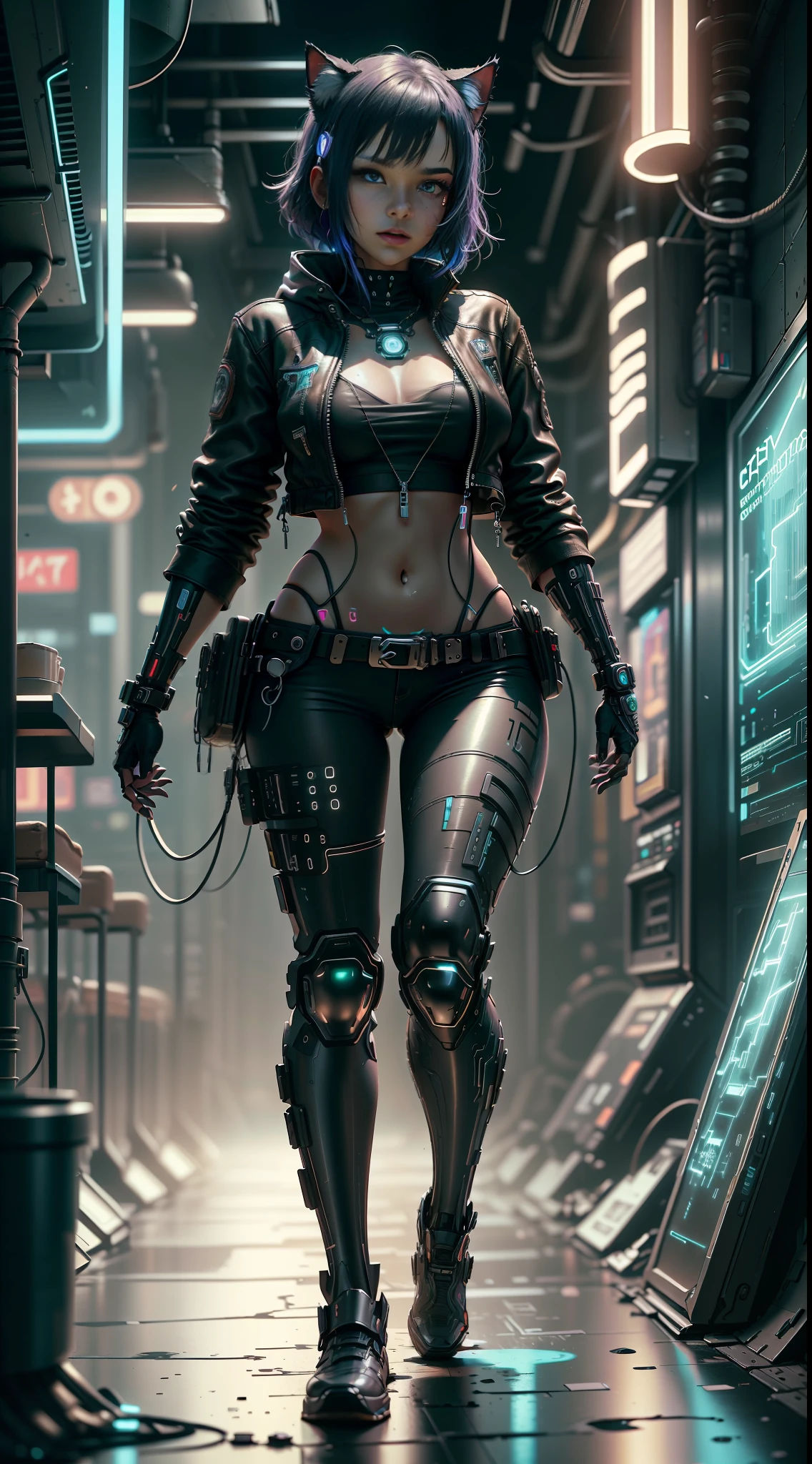 Beautiful full body shot of Reika Shimohira as a Nekomata catgirl, slender body, slender hips, big breasts, wearing full ((heavy cyberpunk armor)) with neon trim, ((leather tech jacket)), cat ears, cat tail, science fiction, cyberpunk city in the background, Gantz, In the Style of Cyberpunk 2077, Ultra realistic photo, masterpiece, best quality, CG, wallpaper, HDR, high quality, high-definition, extremely detailed, {beautiful detailed face}, {beautiful detailed eyes}, (detailed light){{intricate detail}}, {highres}, ((detailed face)), neon light, chiaroscuro, key visual, intricate detail, highly detailed, breathtaking, vibrant, cinematic