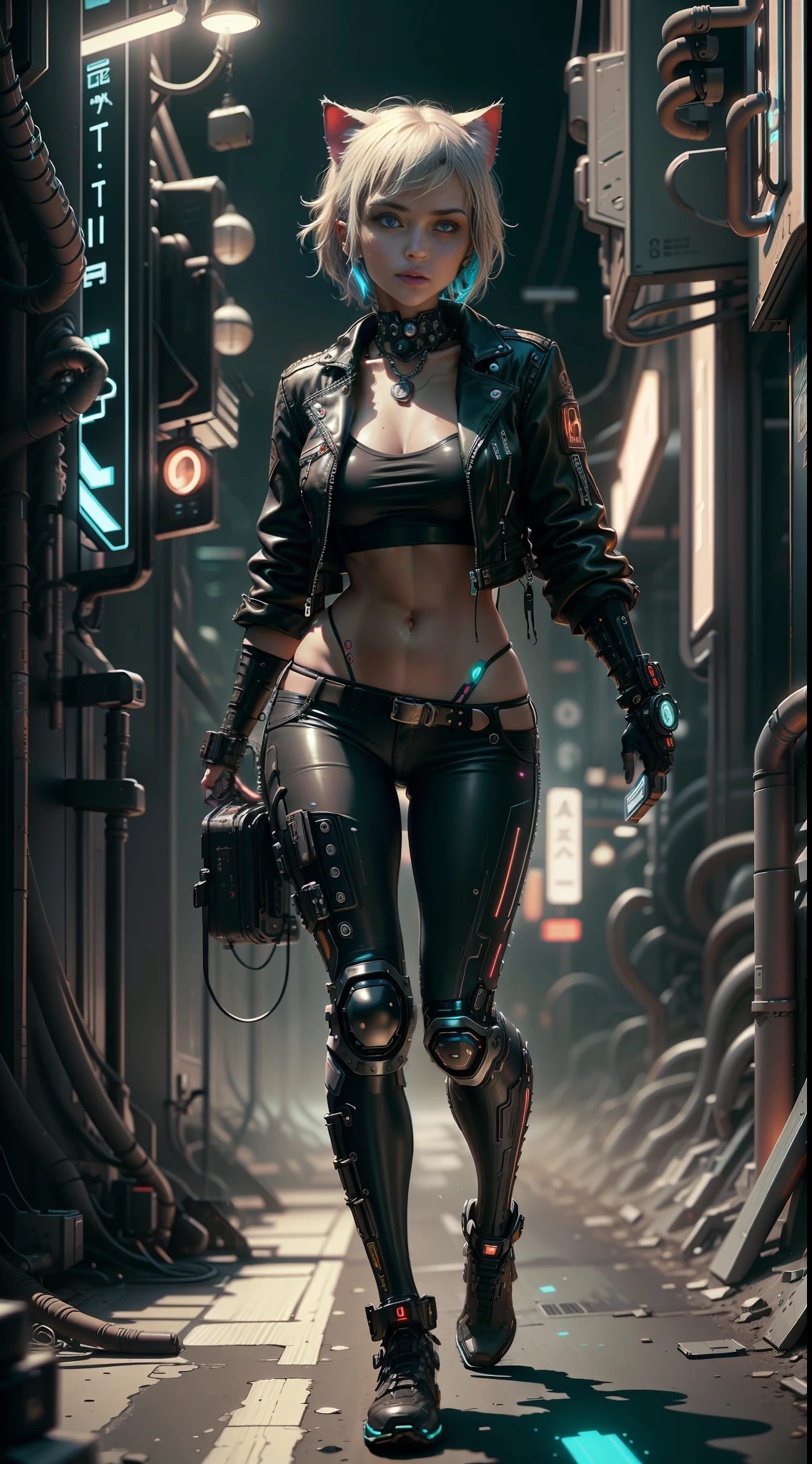 Beautiful full body shot of Reika Shimohira as a Nekomata catgirl, slender body, slender hips, big breasts, wearing full ((heavy cyberpunk armor)) with neon trim, ((leather tech jacket)), cat ears, cat tail, science fiction, cyberpunk city in the background, Gantz, In the Style of Cyberpunk 2077, Ultra realistic photo, masterpiece, best quality, CG, wallpaper, HDR, high quality, high-definition, extremely detailed, {beautiful detailed face}, {beautiful detailed eyes}, (detailed light){{intricate detail}}, {highres}, ((detailed face)), neon light, chiaroscuro, key visual, intricate detail, highly detailed, breathtaking, vibrant, cinematic