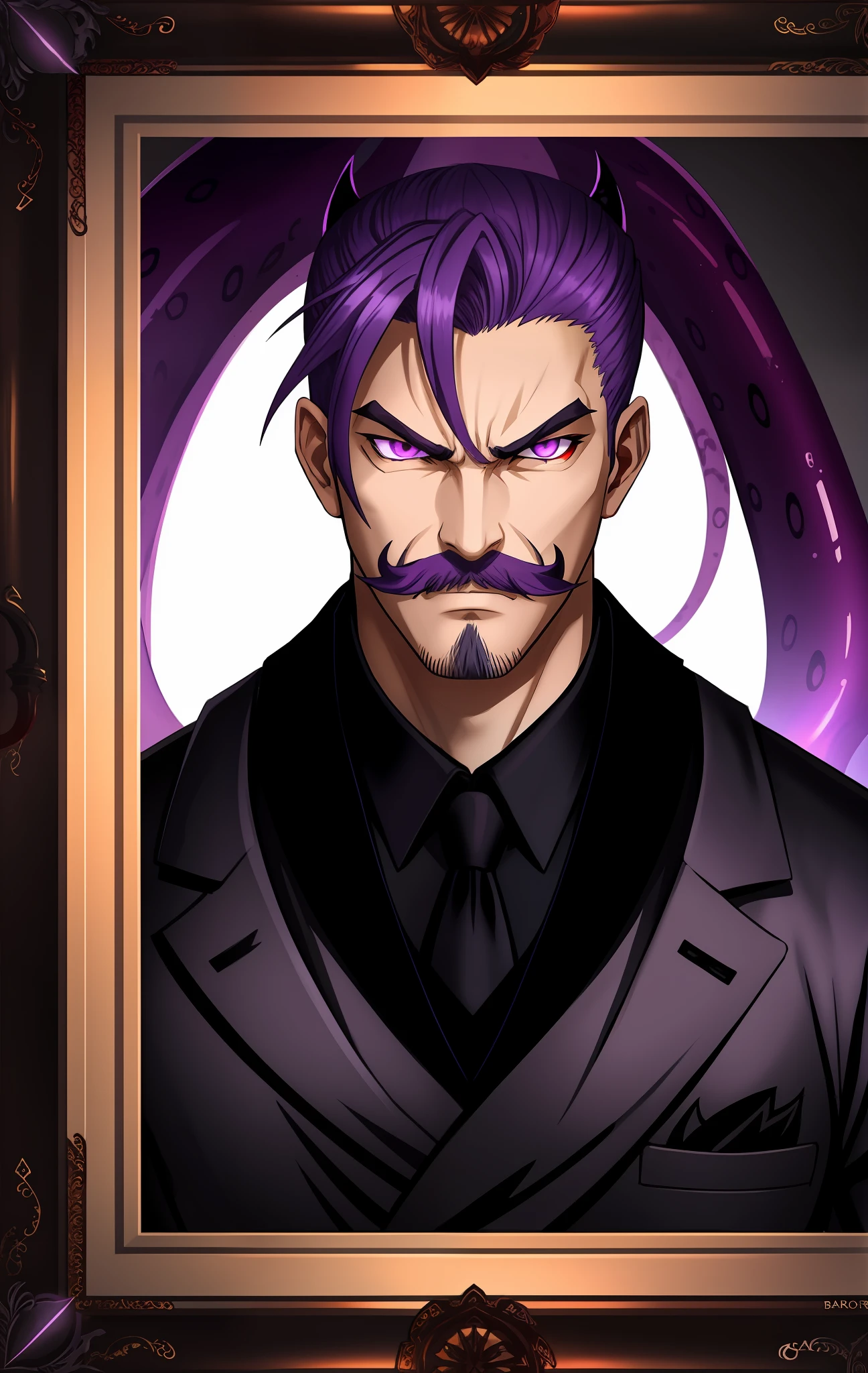 Baron with purple hair, black mustache, evil look, baron clothes, old frame, purple eyes, tentacles around