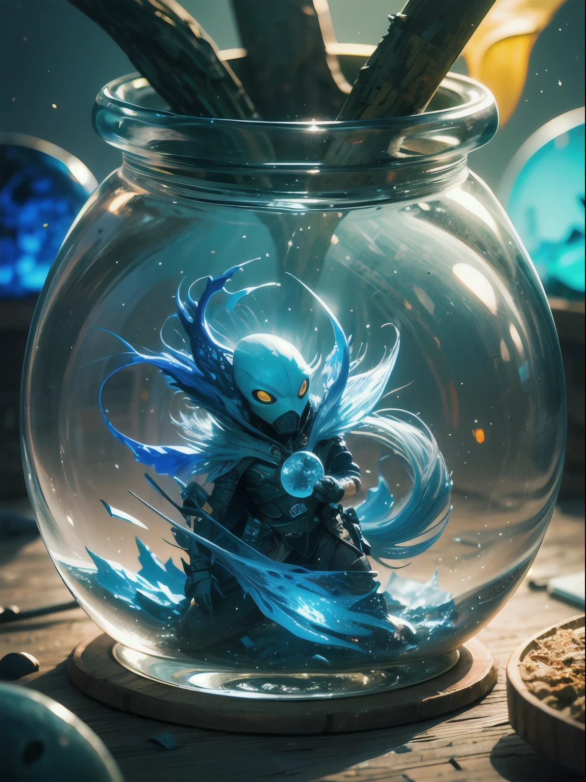 a mysterious world contained inside an elegant crystal bottle, this world is surreal and lit from bioluminescent plants and trees, it is filled with exotic tiny animals, this photograph is superbly shot using a macro lens and skillfully digitally manipulated using Photoshop, dynamic composition and exquisite lighting, spectacular and mesmerizing image, colorful, luminous core and featuring cyan, cobalt blue, orange, yellow, and turquoise