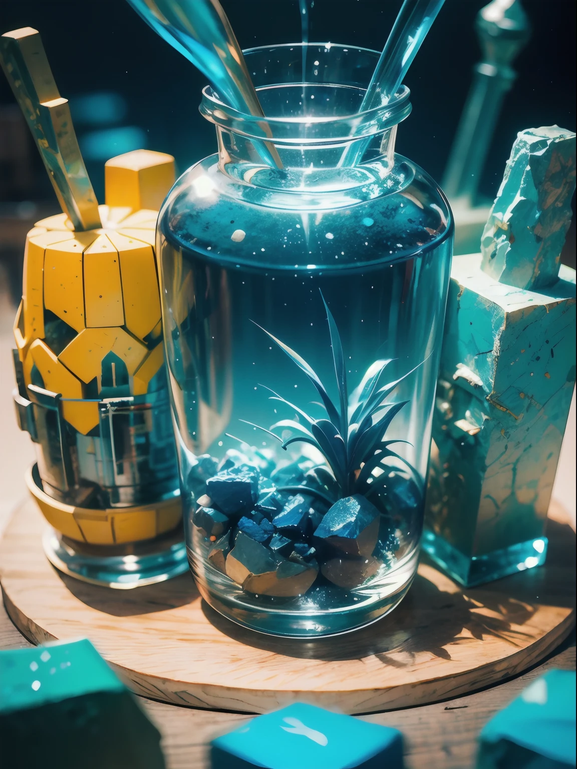 a mysterious world contained inside an elegant crystal bottle, this world is surreal and lit from bioluminescent plants and trees, it is filled with exotic tiny animals, this photograph is superbly shot using a macro lens and skillfully digitally manipulated using Photoshop, dynamic composition and exquisite lighting, spectacular and mesmerizing image, colorful, luminous core and featuring cyan, cobalt blue, orange, yellow, and turquoise