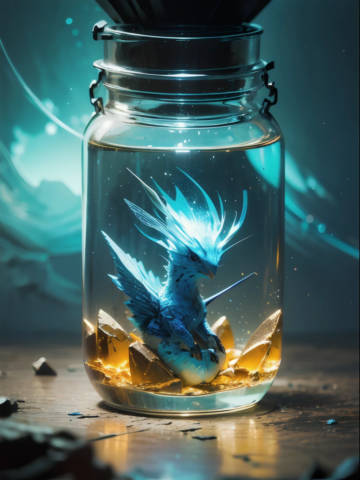 a mysterious world contained inside an elegant crystal bottle, this world is surreal and lit from bioluminescent plants and trees, it is filled with exotic tiny animals, this photograph is superbly shot using a macro lens and skillfully digitally manipulated using Photoshop, dynamic composition and exquisite lighting, spectacular and mesmerizing image, colorful, luminous core and featuring cyan, cobalt blue, orange, yellow, and turquoise